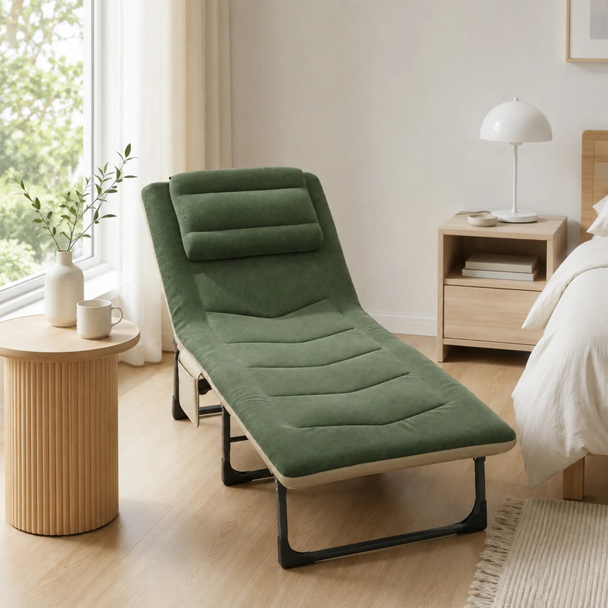 LIVARA Folding Lounge Bed 6-Position Adjustable Backrest, Soft Velvet Fabric & Integrated Pillow - 180x60cm Recliner for Home & Office - Green
