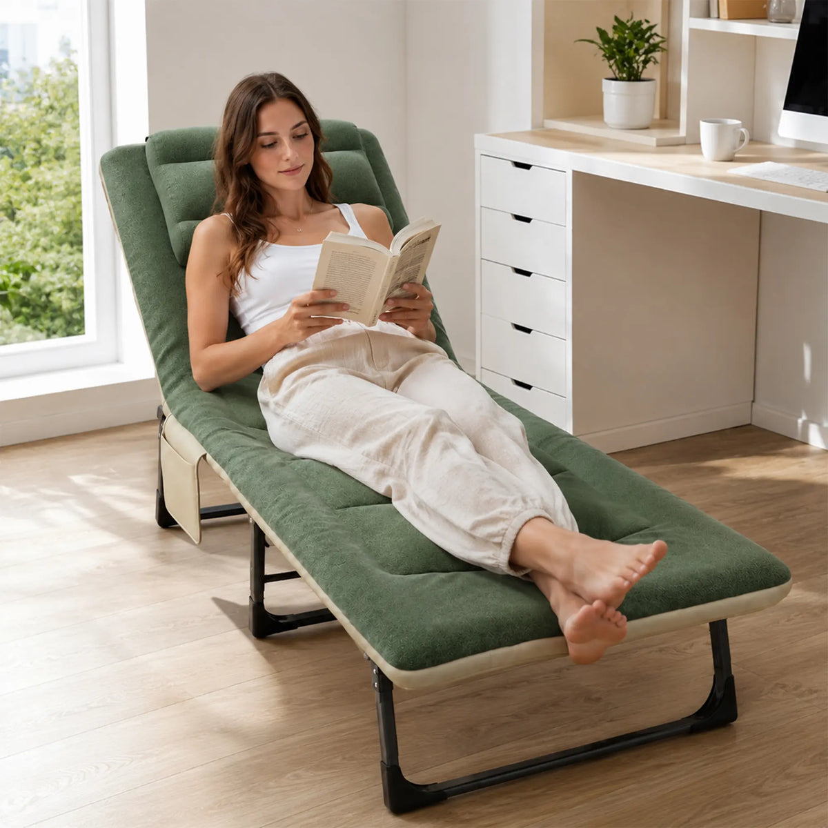 LIVARA Folding Lounge Bed 6-Position Adjustable Backrest, Soft Velvet Fabric & Integrated Pillow - 180x60cm Recliner for Home & Office - Green