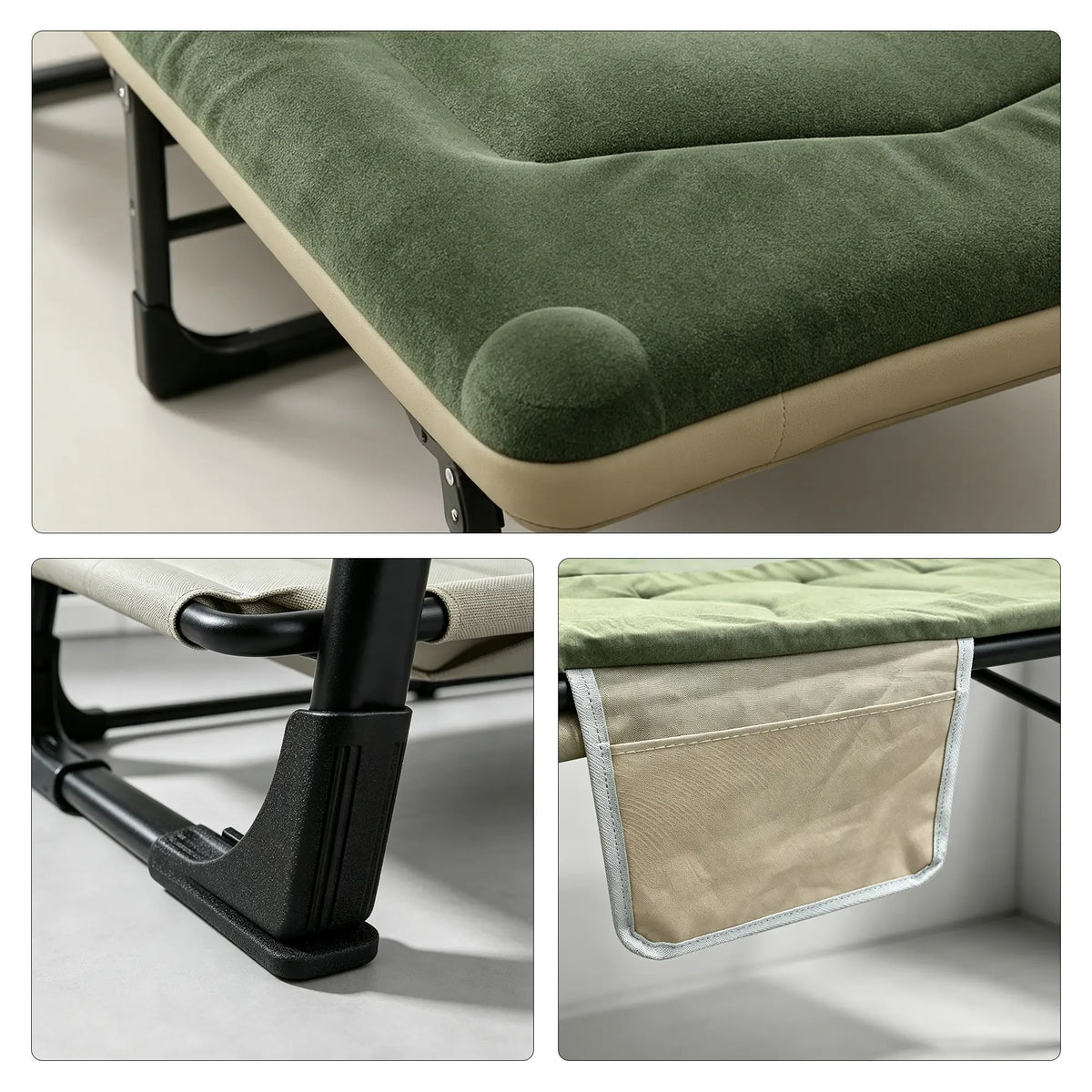 LIVARA Folding Lounge Bed 6-Position Adjustable Backrest, Soft Velvet Fabric & Integrated Pillow - 180x60cm Recliner for Home & Office - Green