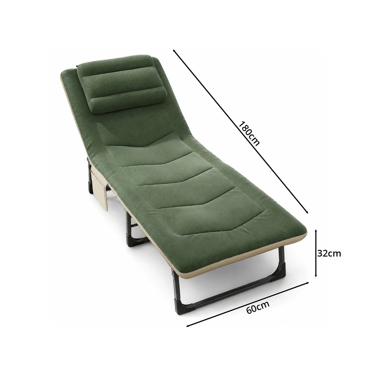 LIVARA Folding Lounge Bed 6-Position Adjustable Backrest, Soft Velvet Fabric & Integrated Pillow - 180x60cm Recliner for Home & Office - Green