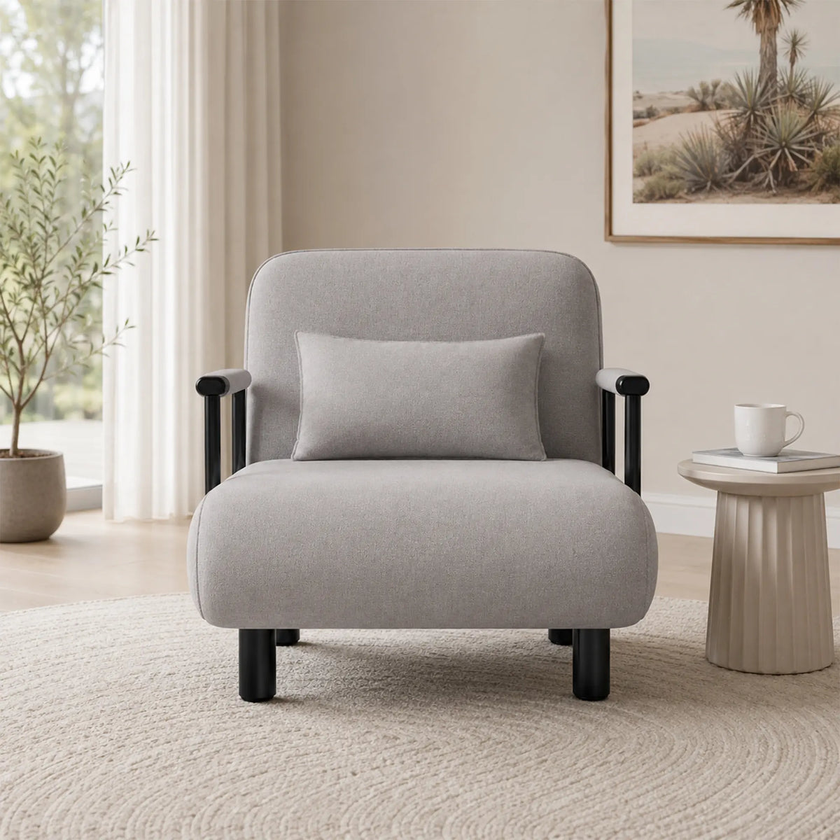 LIVARA Convertible Sofa Bed 5-Position Adjustable Backrest, High-Density Foam & Linen Fabric with Pillow - 65/80cm for Home & Guest Room - Light Grey