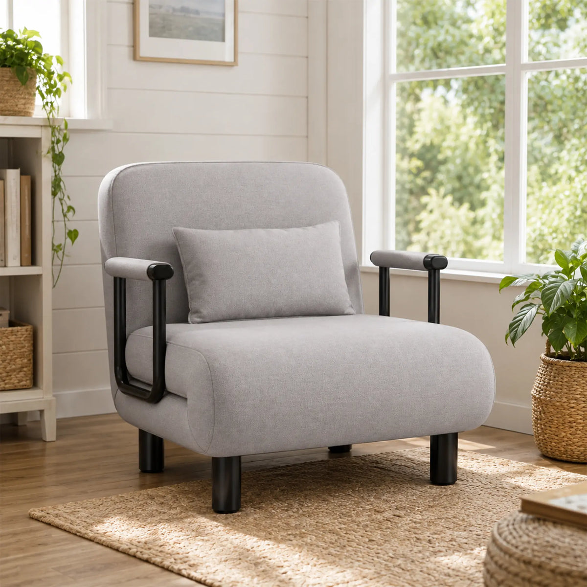 LIVARA Convertible Sofa Bed 5-Position Adjustable Backrest, High-Density Foam & Linen Fabric with Pillow - 65/80cm for Home & Guest Room - Light Grey