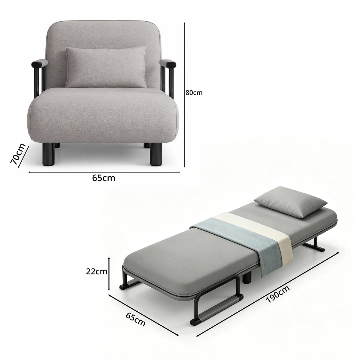 LIVARA Convertible Sofa Bed 5-Position Adjustable Backrest, High-Density Foam & Linen Fabric with Pillow - 65/80cm for Home & Guest Room - Light Grey