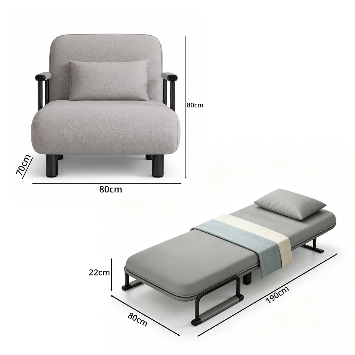 LIVARA Convertible Sofa Bed 5-Position Adjustable Backrest, High-Density Foam & Linen Fabric with Pillow - 65/80cm for Home & Guest Room - Light Grey