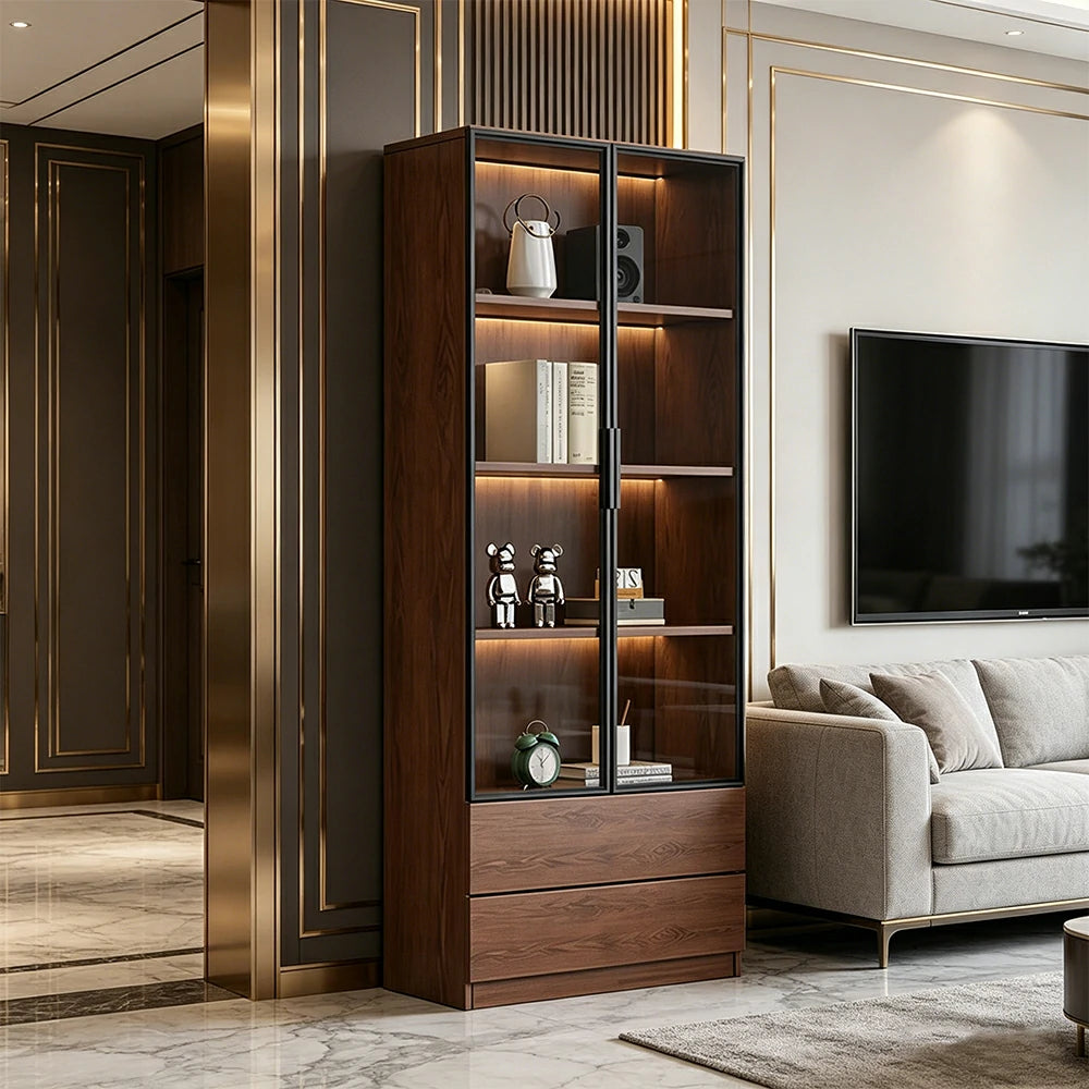 LIVARA 60/80cm Double Door Display Cabinet - Tempered Glass Storage with LED Lighting Slim Design for Living Room - Walnut