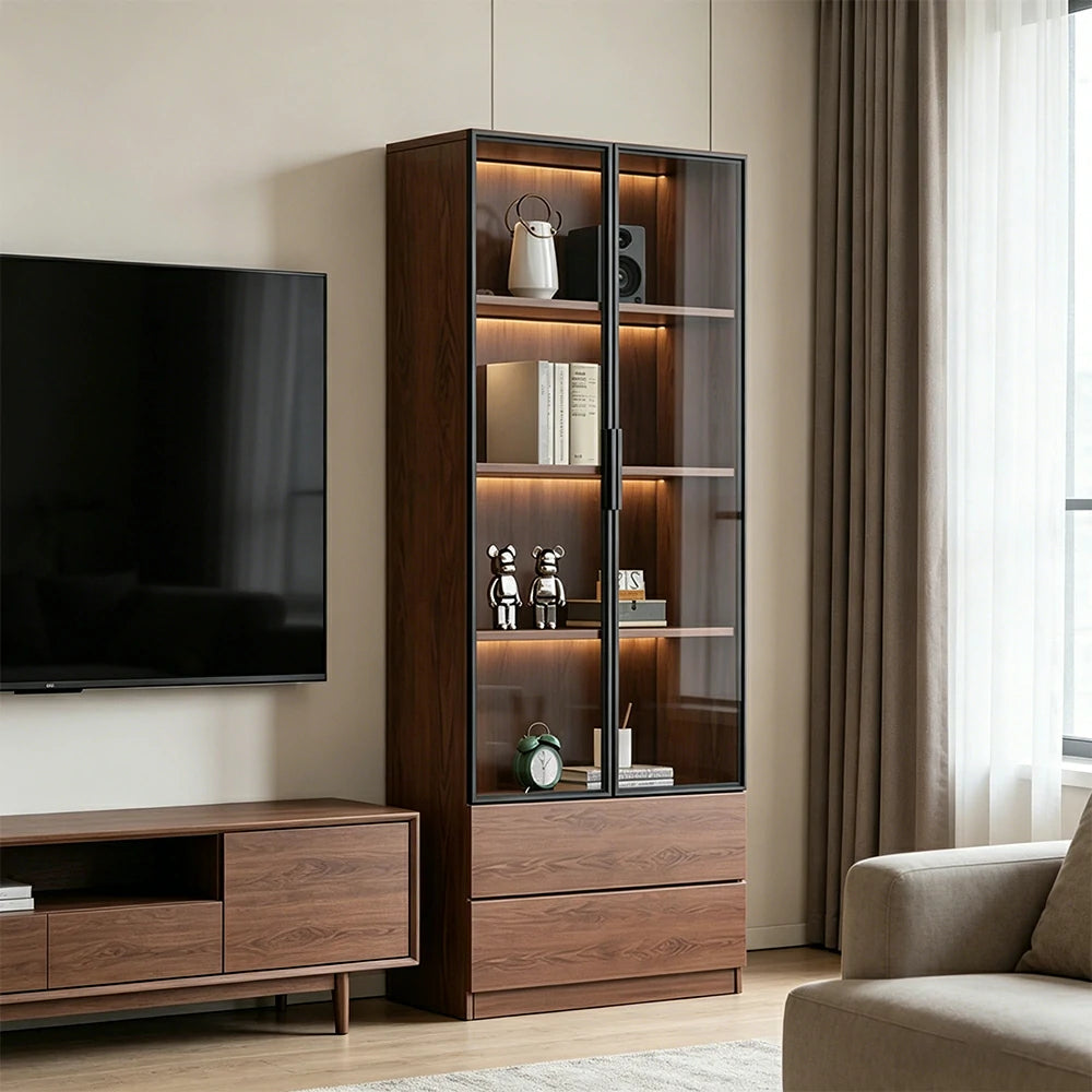 LIVARA 60/80cm Double Door Display Cabinet - Tempered Glass Storage with LED Lighting Slim Design for Living Room - Walnut