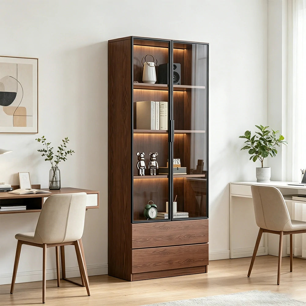 LIVARA 60/80cm Double Door Display Cabinet - Tempered Glass Storage with LED Lighting Slim Design for Living Room - Walnut