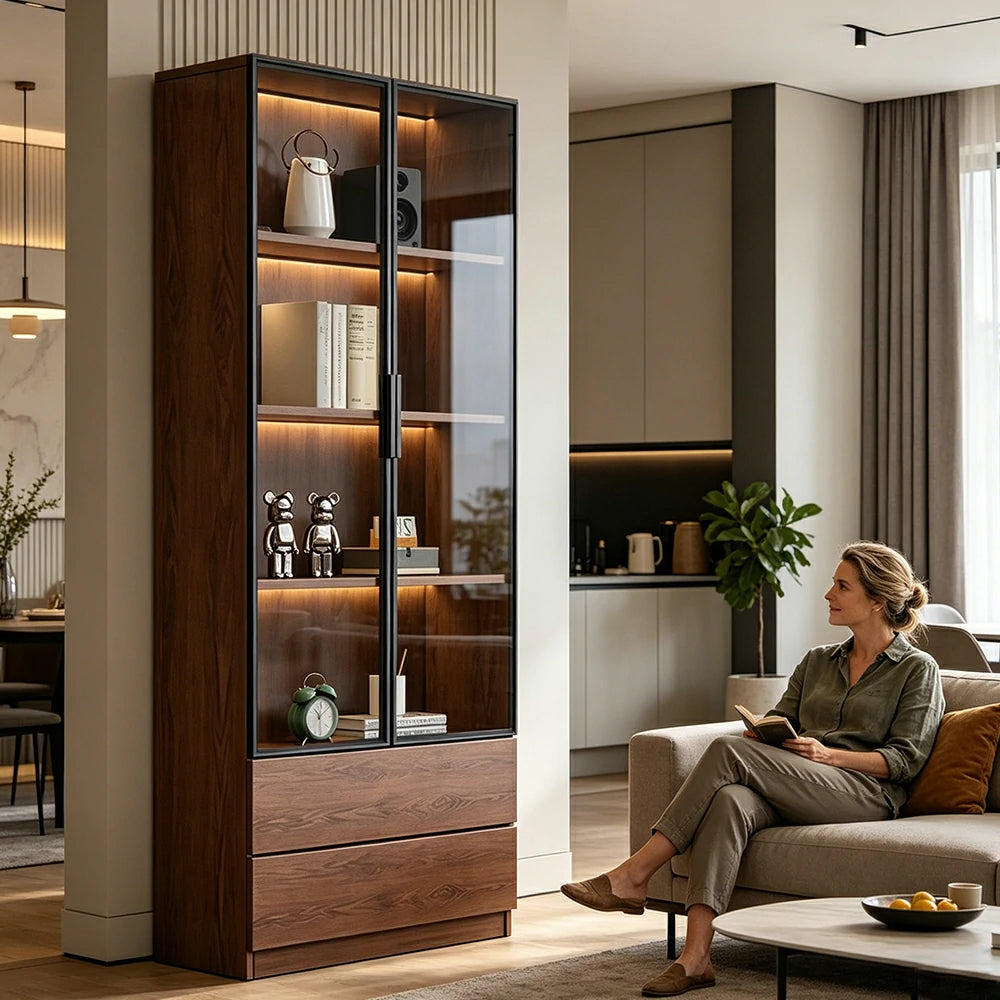LIVARA 60/80cm Double Door Display Cabinet - Tempered Glass Storage with LED Lighting Slim Design for Living Room - Walnut