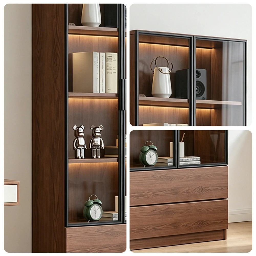 LIVARA 60/80cm Double Door Display Cabinet - Tempered Glass Storage with LED Lighting Slim Design for Living Room - Walnut