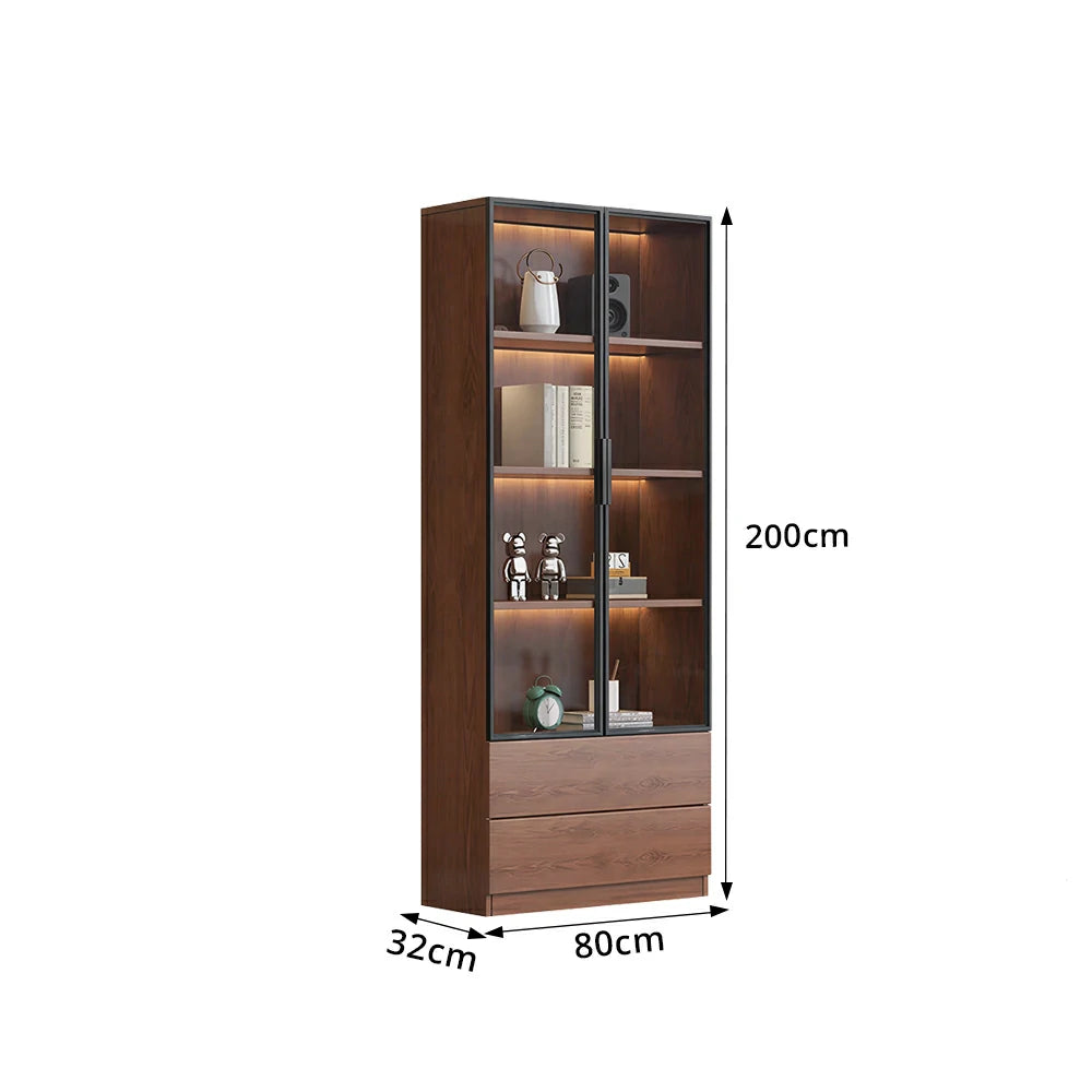 LIVARA 60/80cm Double Door Display Cabinet - Tempered Glass Storage with LED Lighting Slim Design for Living Room - Walnut