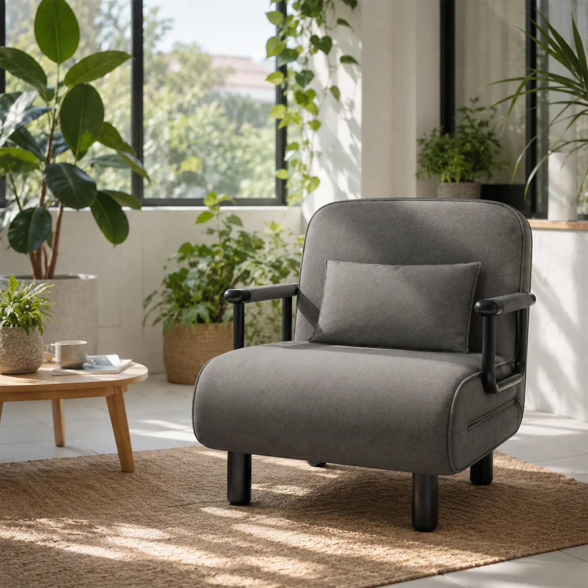 LIVARA Convertible Sofa Bed 5-Position Adjustable Backrest, High-Density Foam & Linen Fabric with Pillow - 65/80cm for Home & Guest Room - Grey