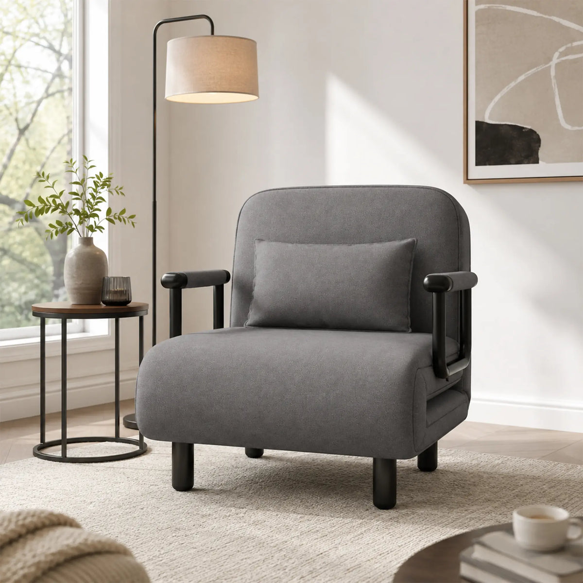 LIVARA Convertible Sofa Bed 5-Position Adjustable Backrest, High-Density Foam & Linen Fabric with Pillow - 65/80cm for Home & Guest Room - Grey