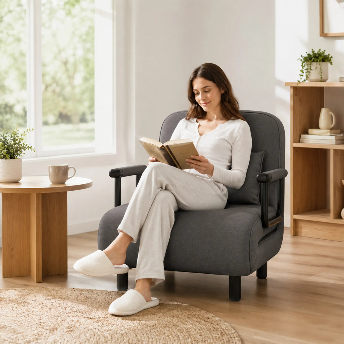 LIVARA Convertible Sofa Bed 5-Position Adjustable Backrest, High-Density Foam & Linen Fabric with Pillow - 65/80cm for Home & Guest Room - Grey