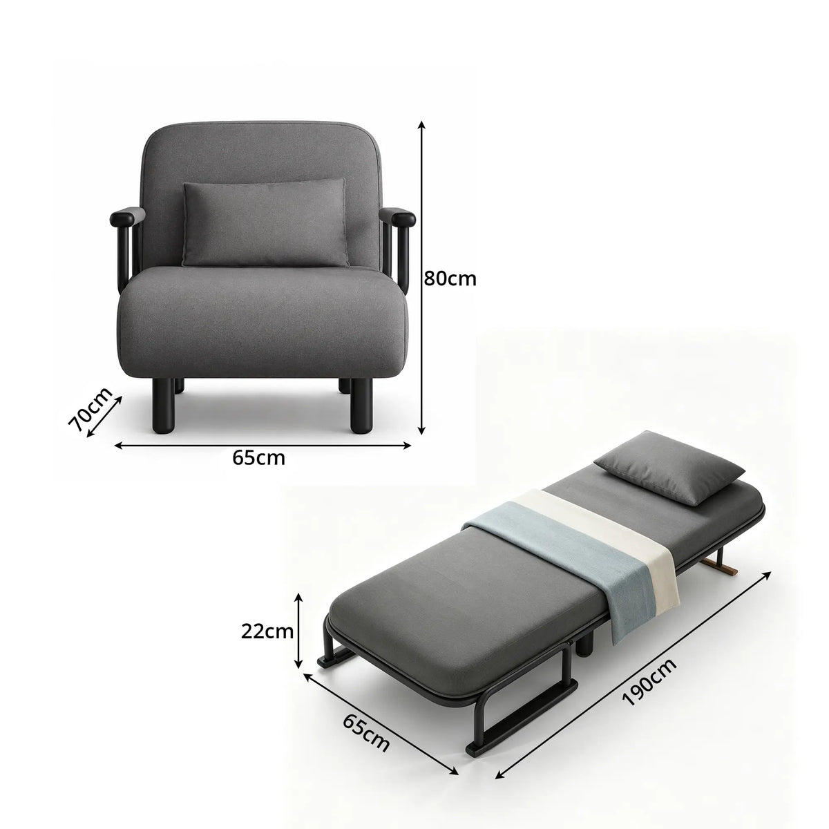LIVARA Convertible Sofa Bed 5-Position Adjustable Backrest, High-Density Foam & Linen Fabric with Pillow - 65/80cm for Home & Guest Room - Grey
