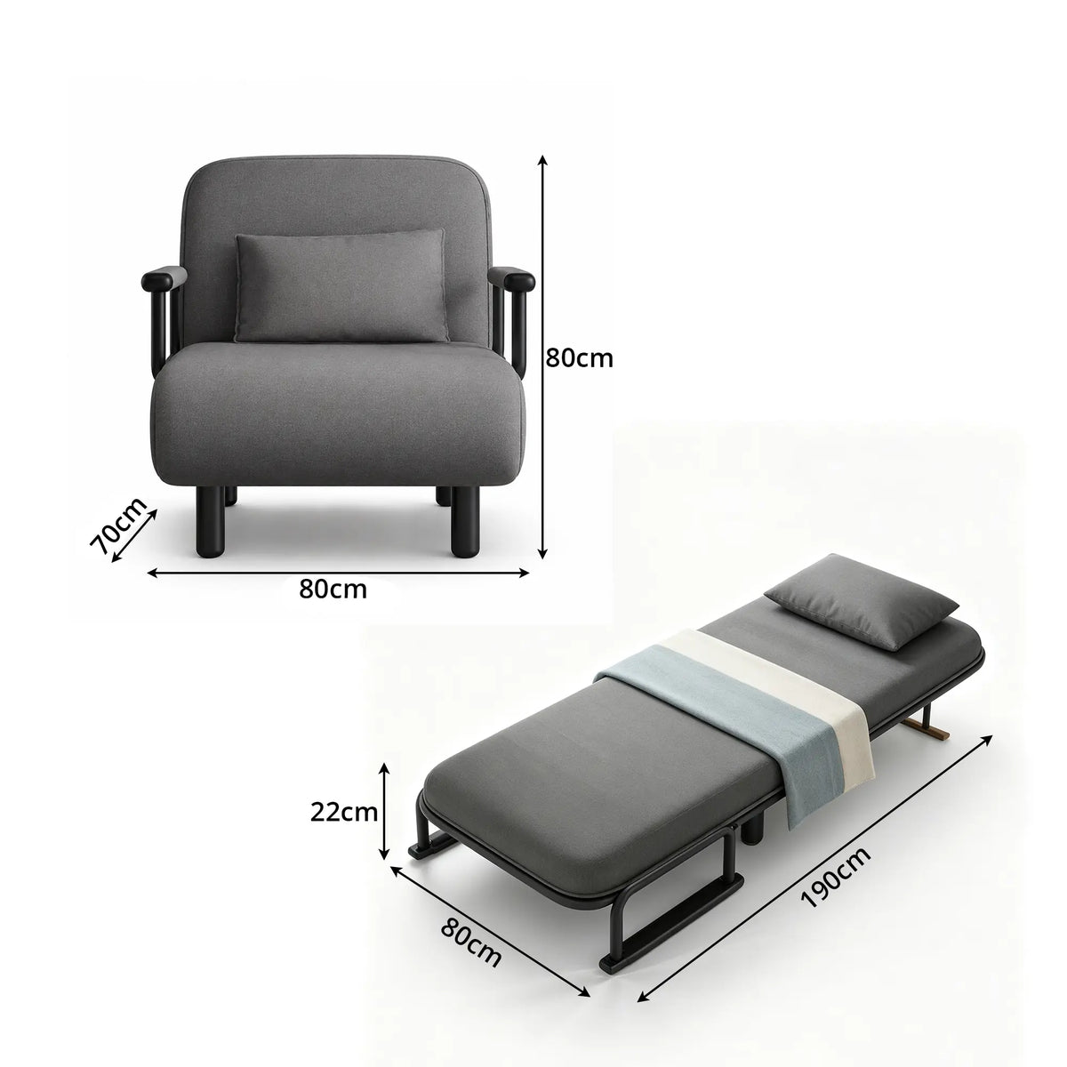 LIVARA Convertible Sofa Bed 5-Position Adjustable Backrest, High-Density Foam & Linen Fabric with Pillow - 65/80cm for Home & Guest Room - Grey