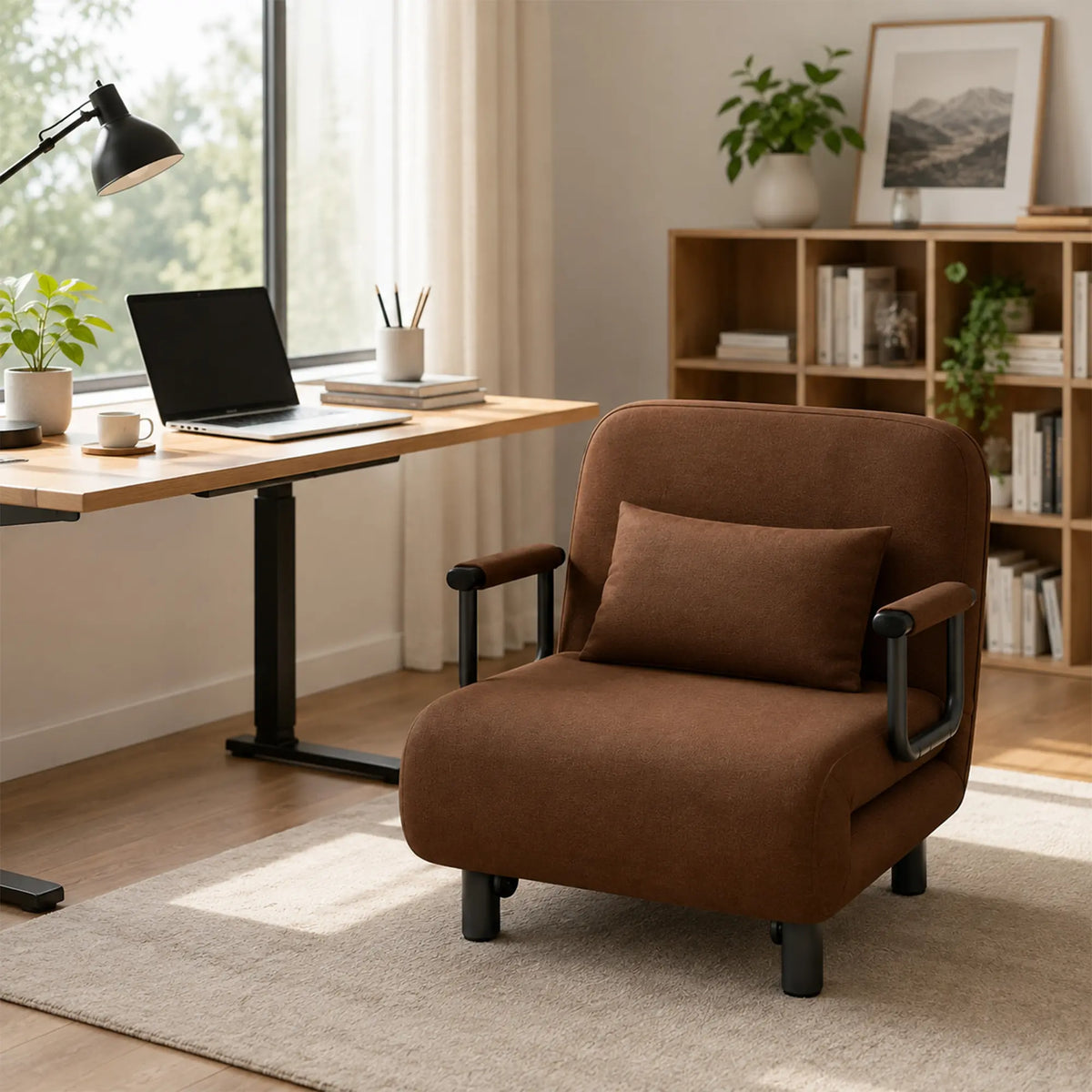 LIVARA Convertible Sofa Bed 5-Position Adjustable Backrest, High-Density Foam & Linen Fabric with Pillow - 65/80cm for Home & Guest Room - Coffee