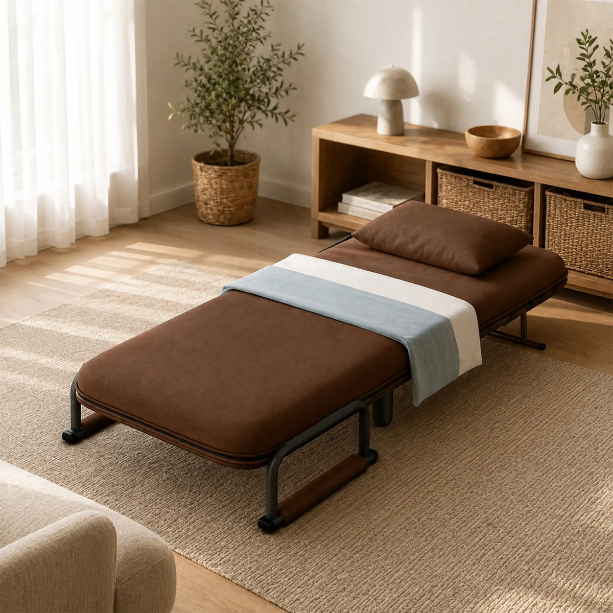LIVARA Convertible Sofa Bed 5-Position Adjustable Backrest, High-Density Foam & Linen Fabric with Pillow - 65/80cm for Home & Guest Room - Coffee