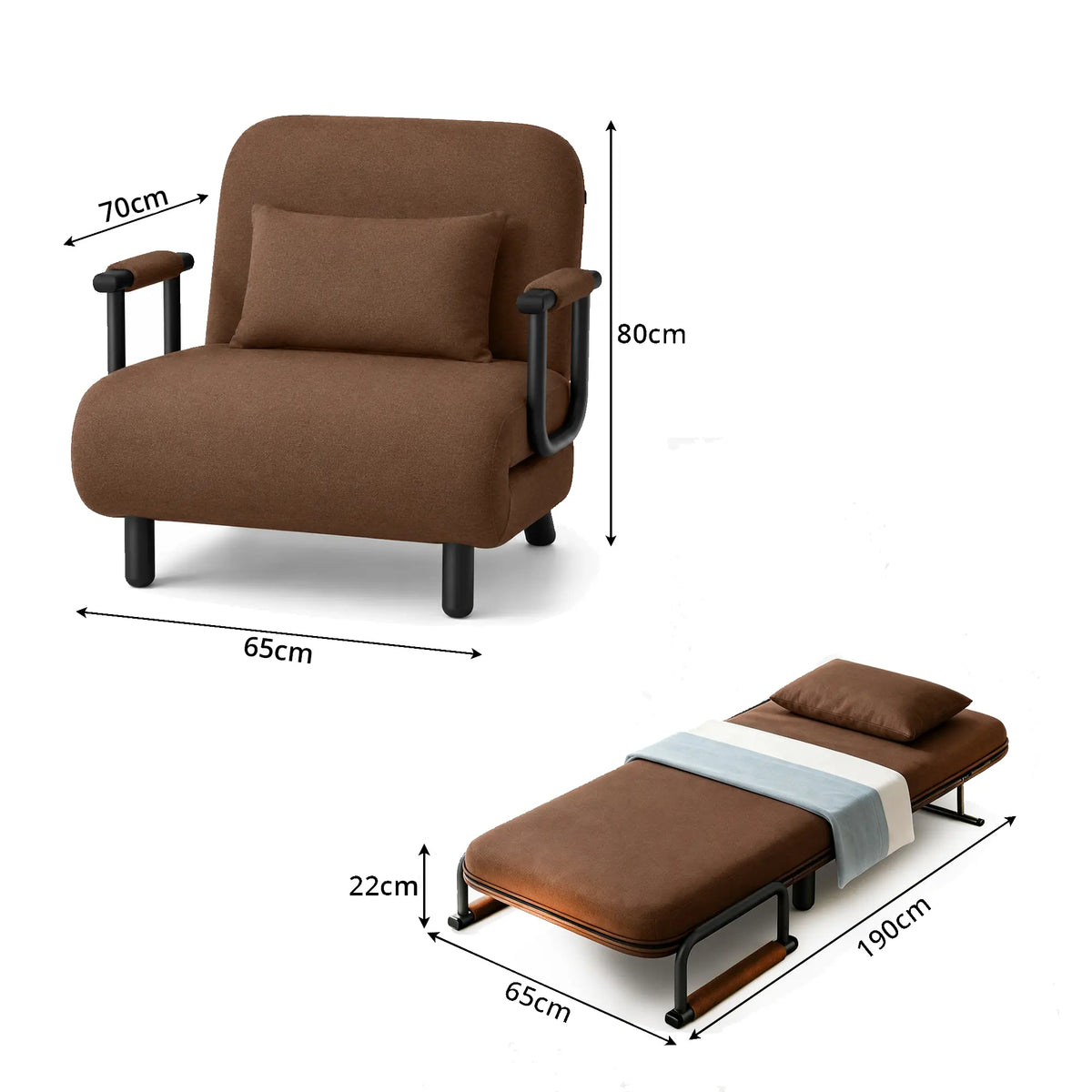 LIVARA Convertible Sofa Bed 5-Position Adjustable Backrest, High-Density Foam & Linen Fabric with Pillow - 65/80cm for Home & Guest Room - Coffee