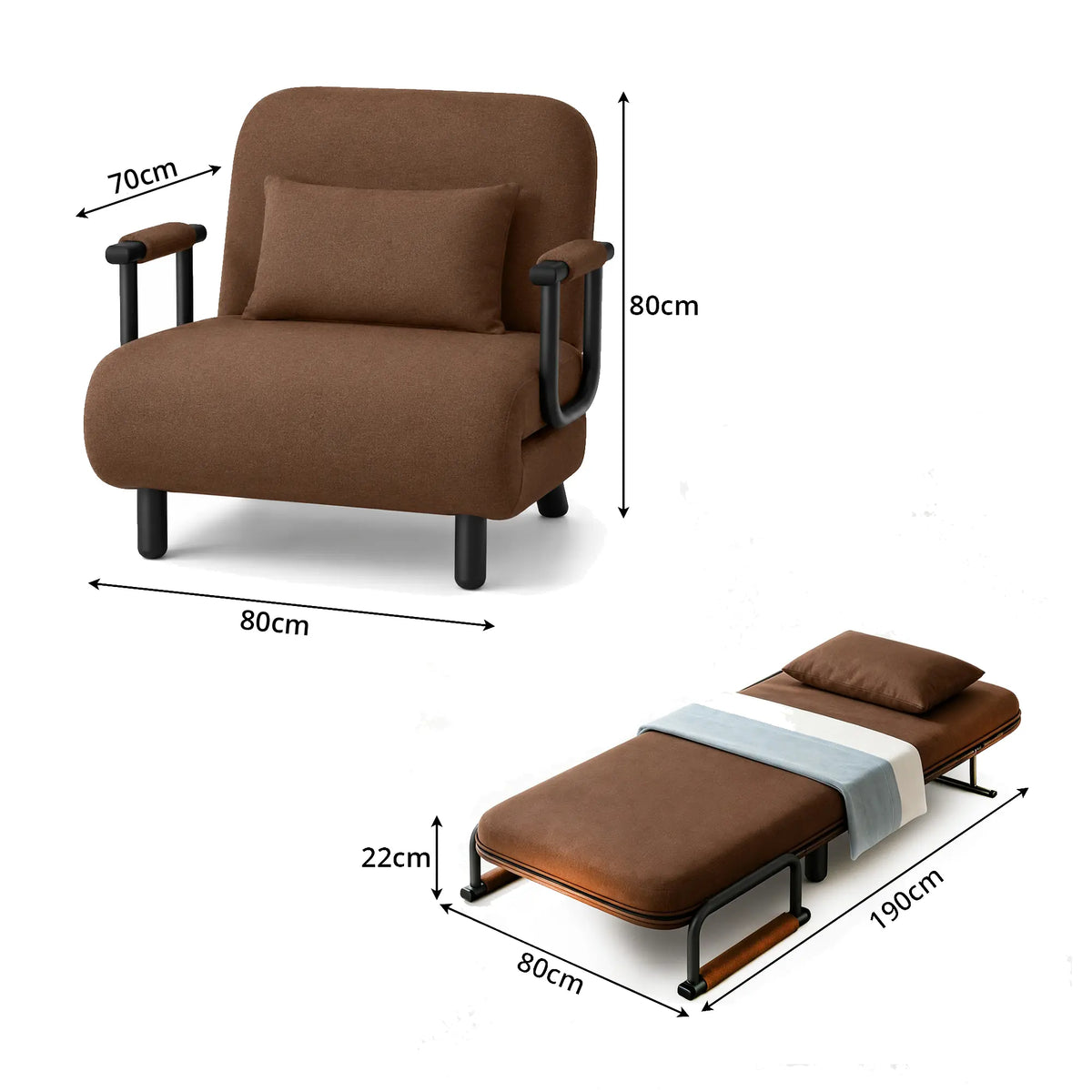 LIVARA Convertible Sofa Bed 5-Position Adjustable Backrest, High-Density Foam & Linen Fabric with Pillow - 65/80cm for Home & Guest Room - Coffee