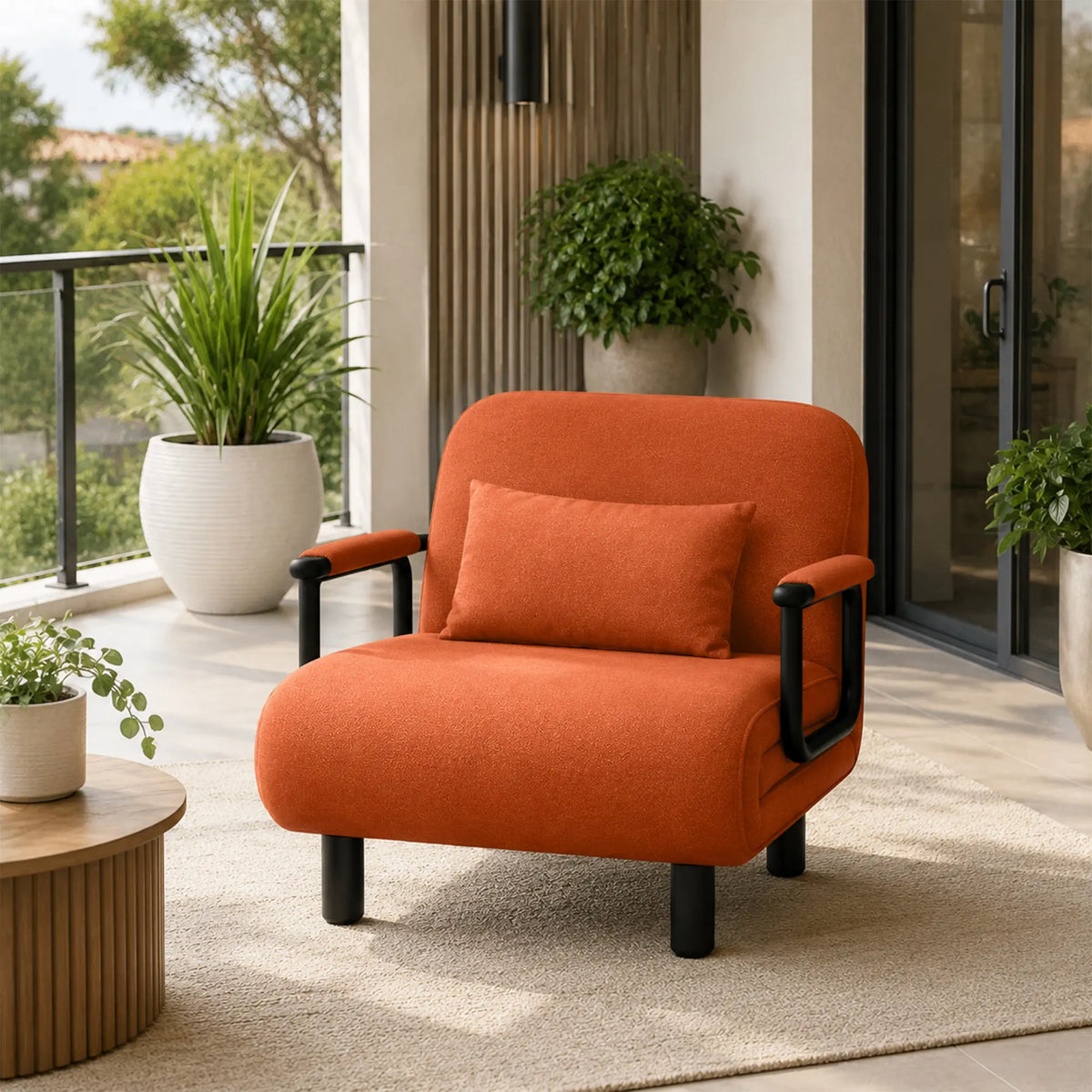 LIVARA Convertible Sofa Bed 5-Position Adjustable Backrest, High-Density Foam & Linen Fabric with Pillow - 65/80cm for Home & Guest Room - Orange