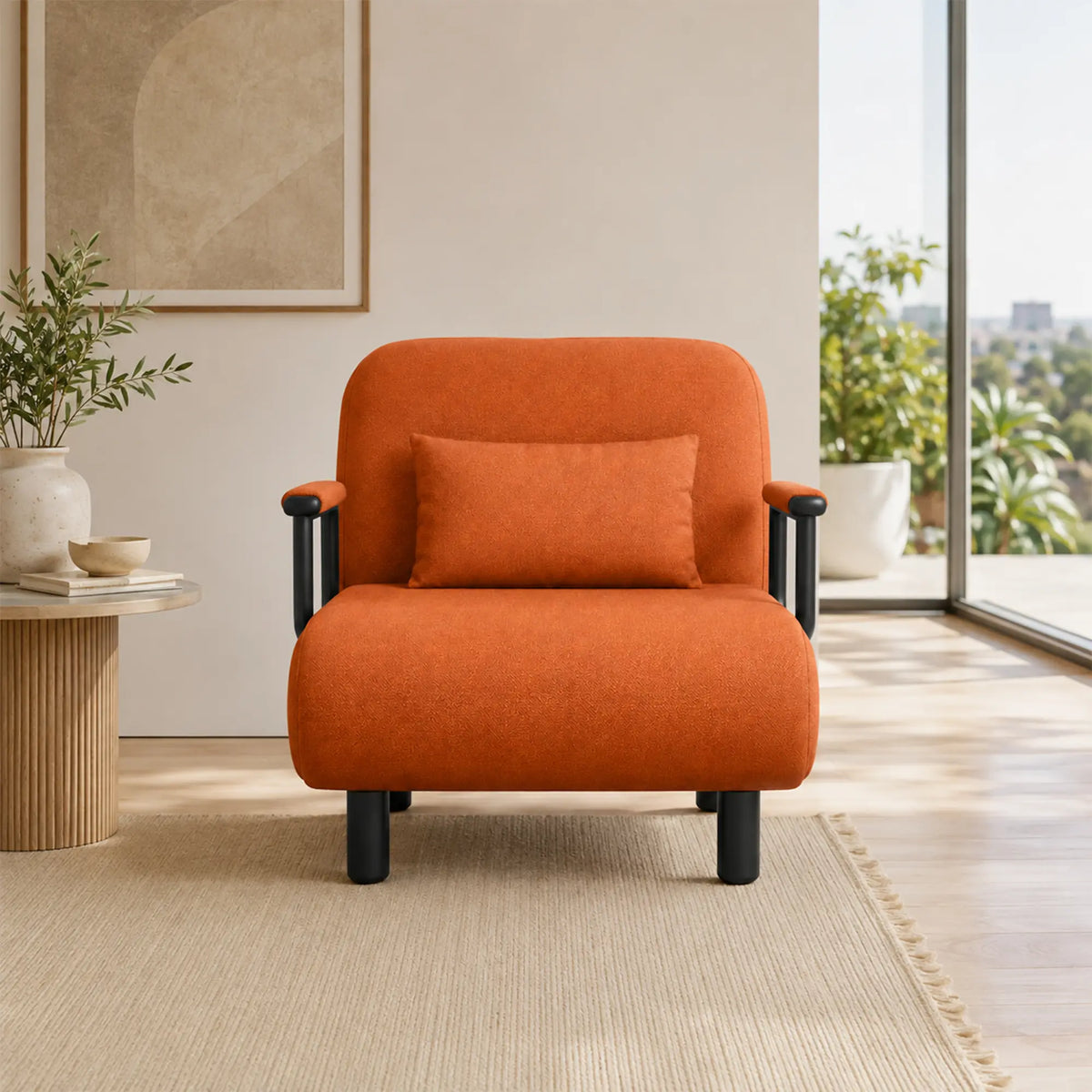 LIVARA Convertible Sofa Bed 5-Position Adjustable Backrest, High-Density Foam & Linen Fabric with Pillow - 65/80cm for Home & Guest Room - Orange