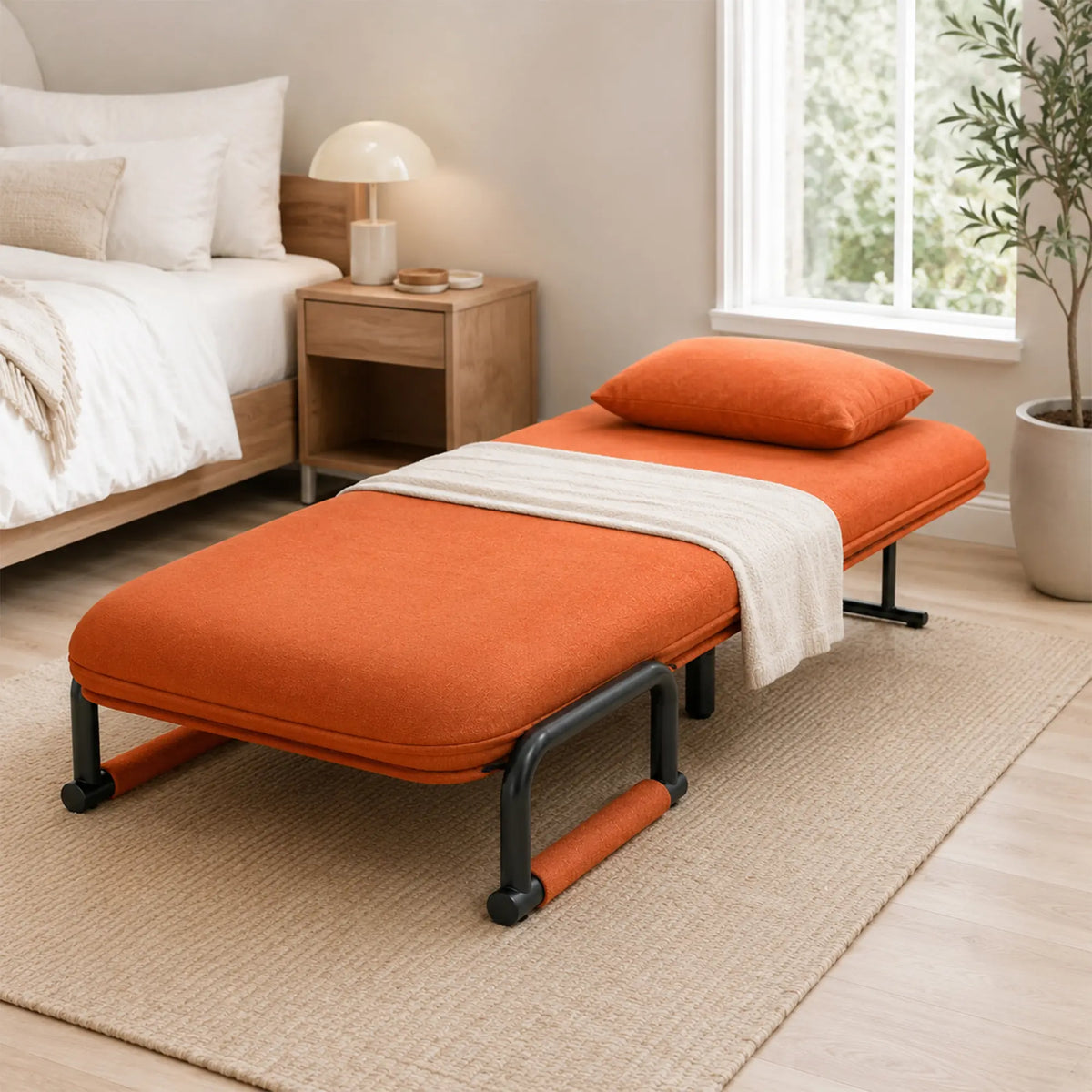 LIVARA Convertible Sofa Bed 5-Position Adjustable Backrest, High-Density Foam & Linen Fabric with Pillow - 65/80cm for Home & Guest Room - Orange
