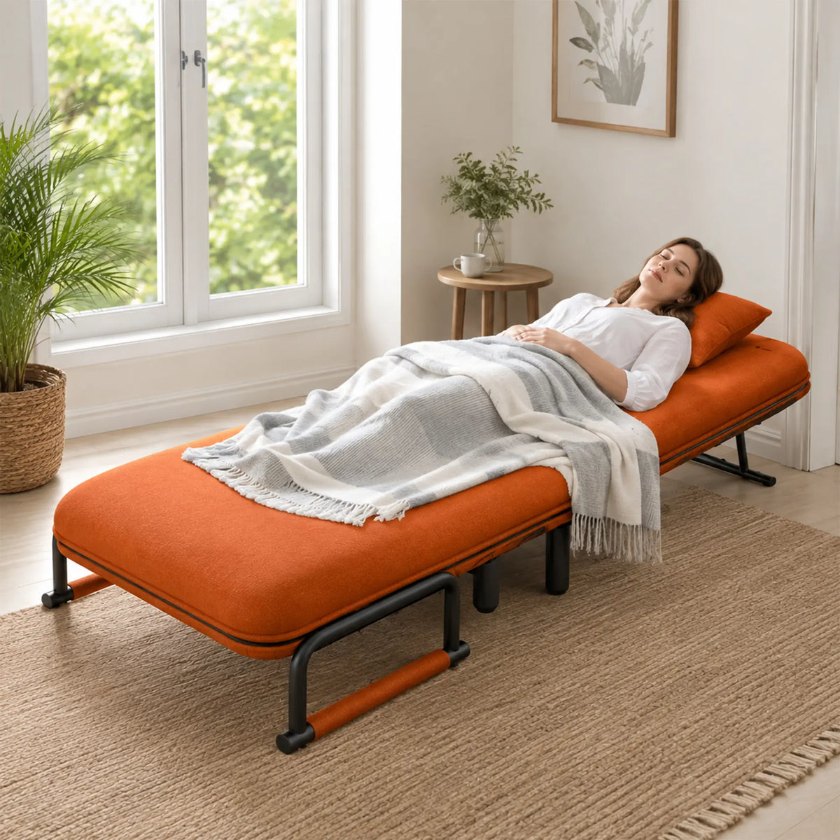 LIVARA Convertible Sofa Bed 5-Position Adjustable Backrest, High-Density Foam & Linen Fabric with Pillow - 65/80cm for Home & Guest Room - Orange