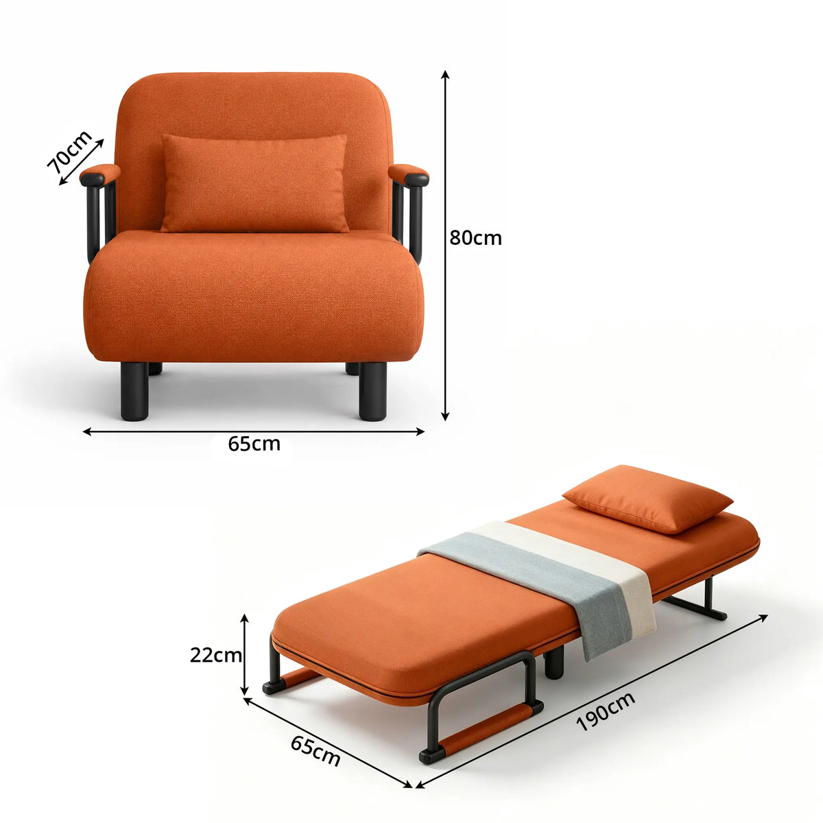 LIVARA Convertible Sofa Bed 5-Position Adjustable Backrest, High-Density Foam & Linen Fabric with Pillow - 65/80cm for Home & Guest Room - Orange
