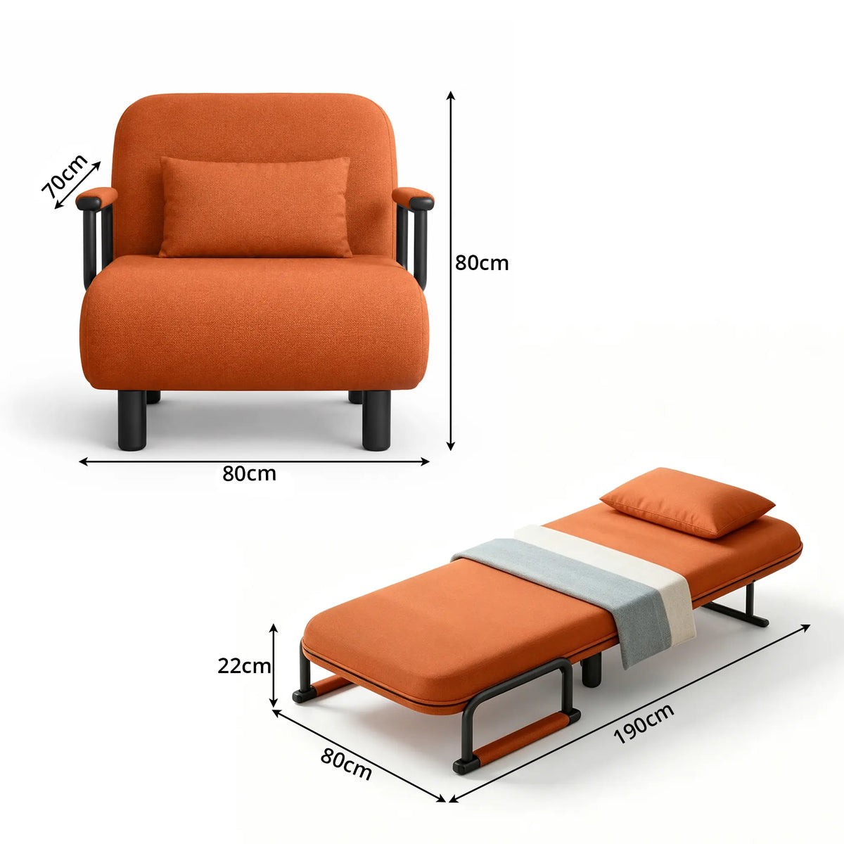 LIVARA Convertible Sofa Bed 5-Position Adjustable Backrest, High-Density Foam & Linen Fabric with Pillow - 65/80cm for Home & Guest Room - Orange