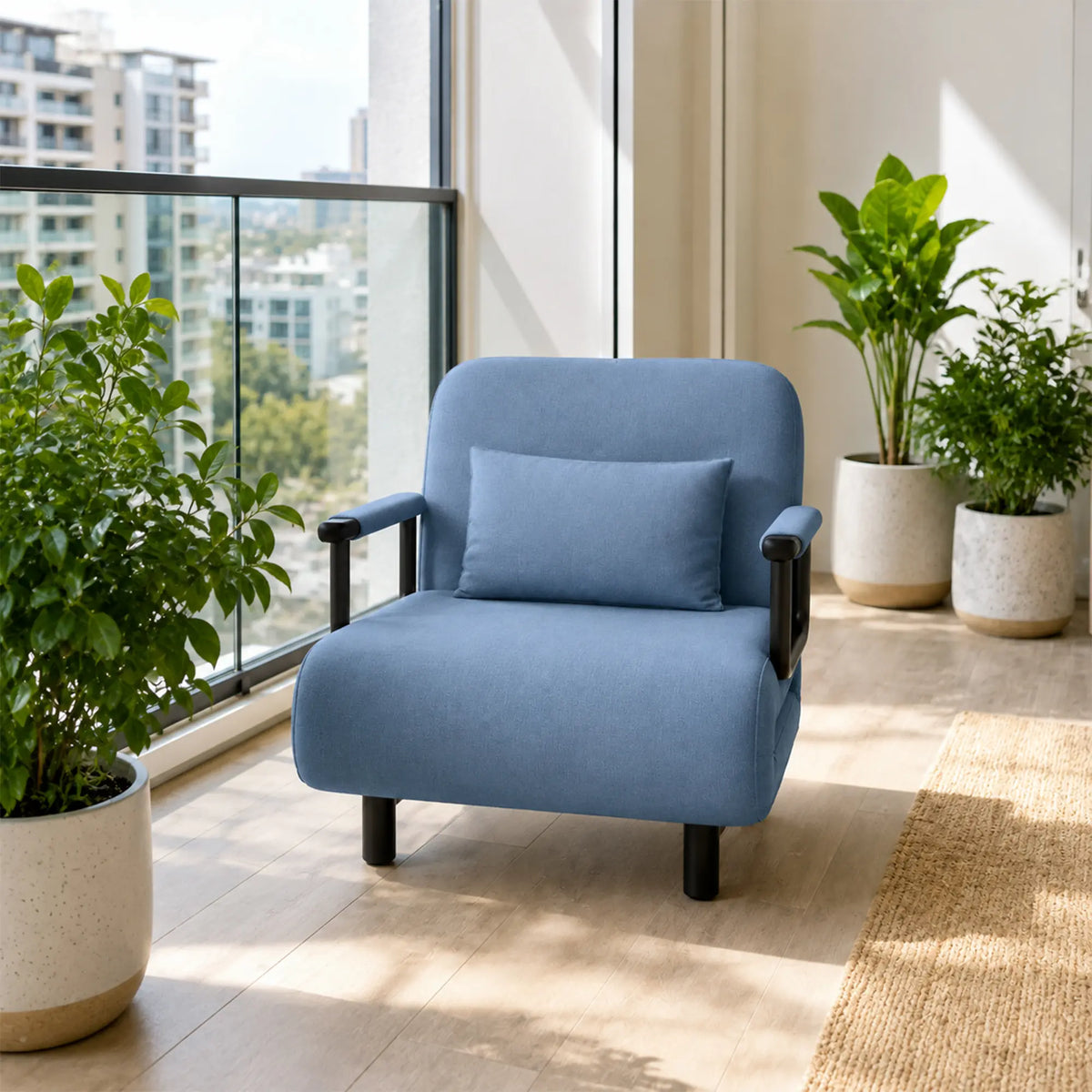 LIVARA Convertible Sofa Bed 5-Position Adjustable Backrest, High-Density Foam & Linen Fabric with Pillow - 65/80cm for Home & Guest Room - Light Blue
