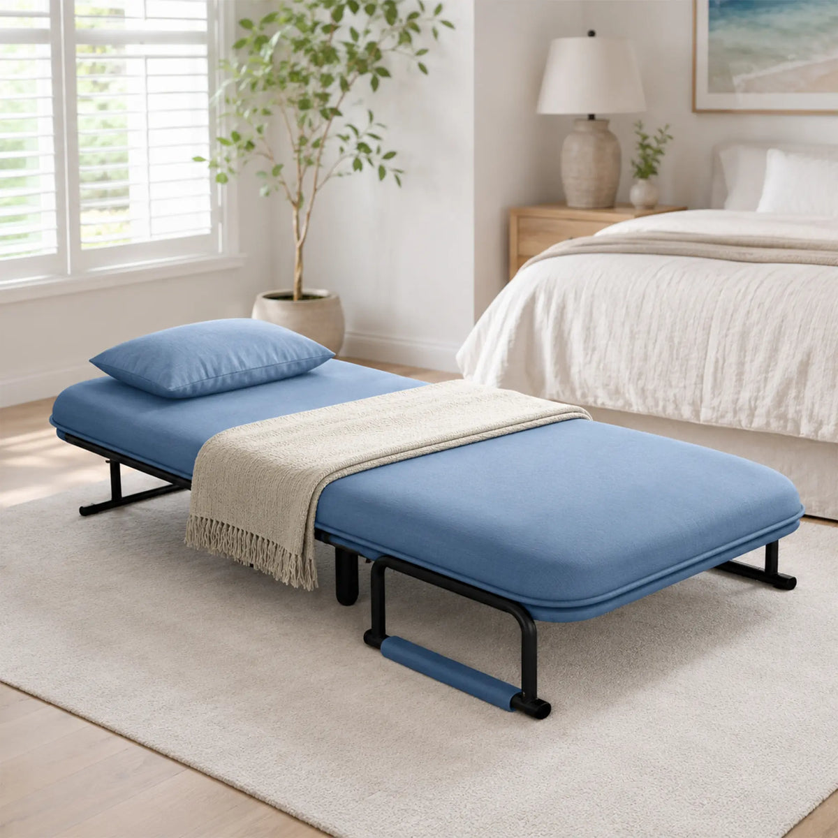 LIVARA Convertible Sofa Bed 5-Position Adjustable Backrest, High-Density Foam & Linen Fabric with Pillow - 65/80cm for Home & Guest Room - Light Blue