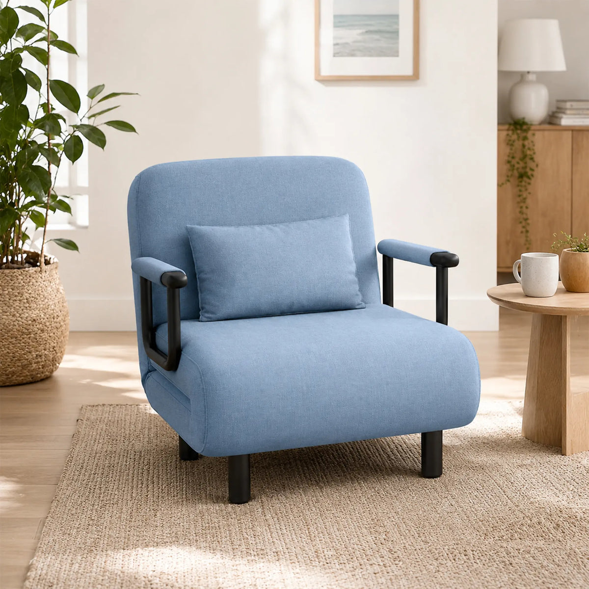 LIVARA Convertible Sofa Bed 5-Position Adjustable Backrest, High-Density Foam & Linen Fabric with Pillow - 65/80cm for Home & Guest Room - Light Blue