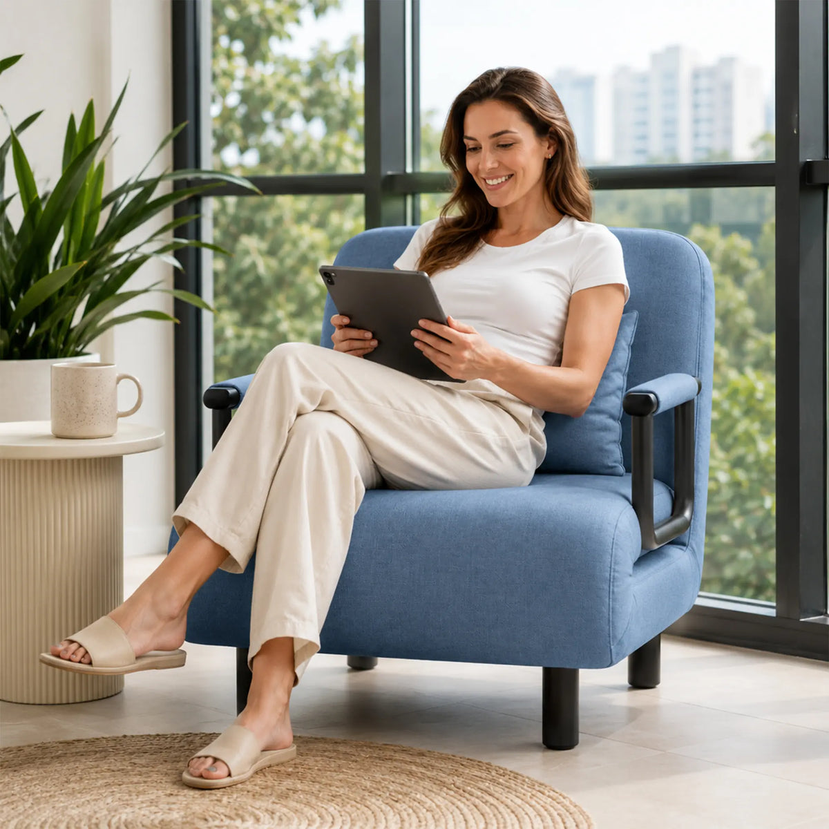 LIVARA Convertible Sofa Bed 5-Position Adjustable Backrest, High-Density Foam & Linen Fabric with Pillow - 65/80cm for Home & Guest Room - Light Blue
