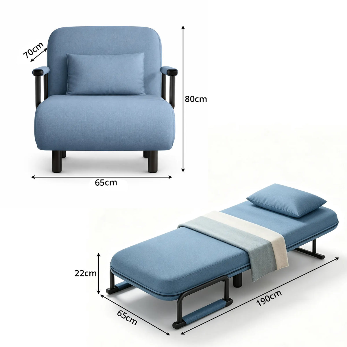 LIVARA Convertible Sofa Bed 5-Position Adjustable Backrest, High-Density Foam & Linen Fabric with Pillow - 65/80cm for Home & Guest Room - Light Blue