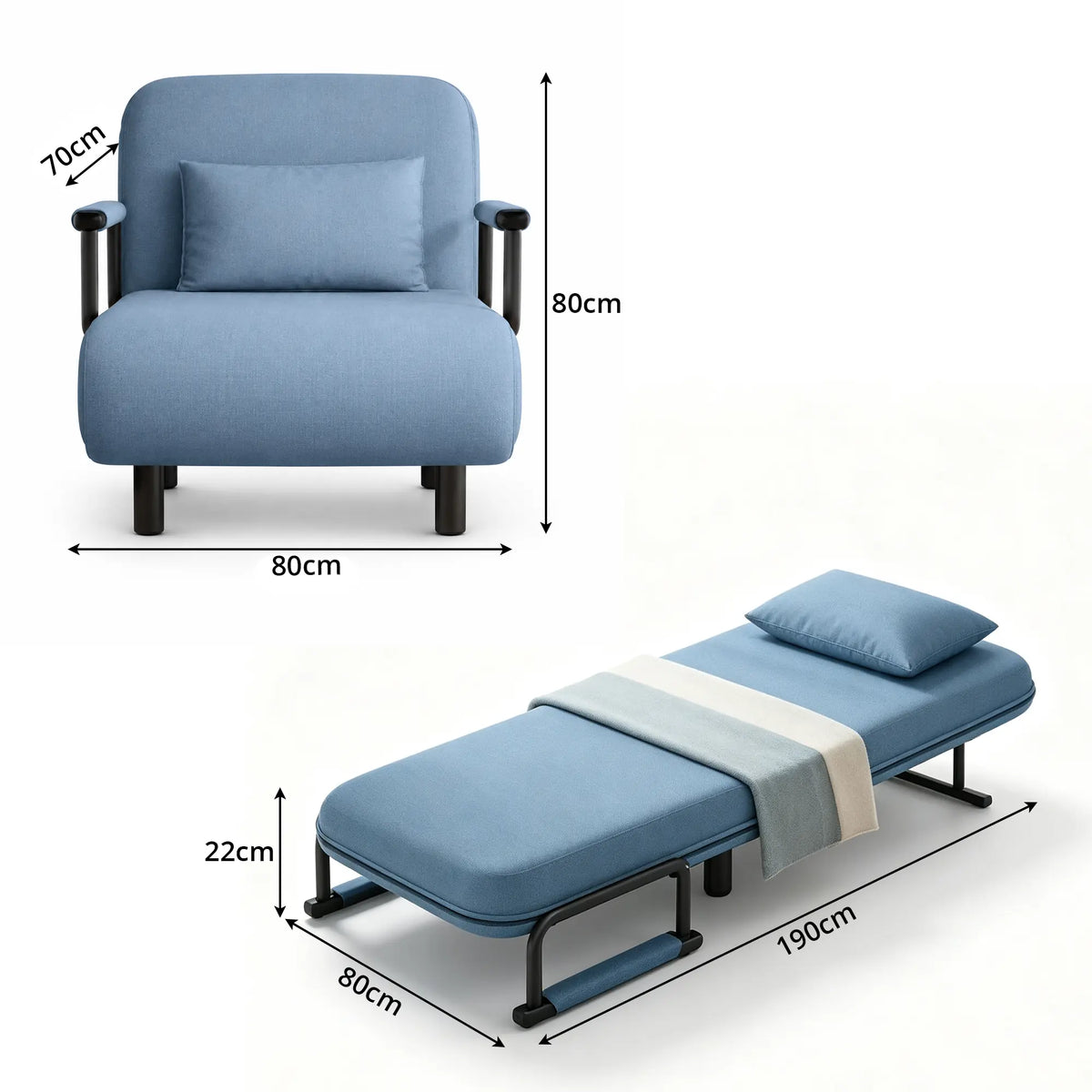 LIVARA Convertible Sofa Bed 5-Position Adjustable Backrest, High-Density Foam & Linen Fabric with Pillow - 65/80cm for Home & Guest Room - Light Blue