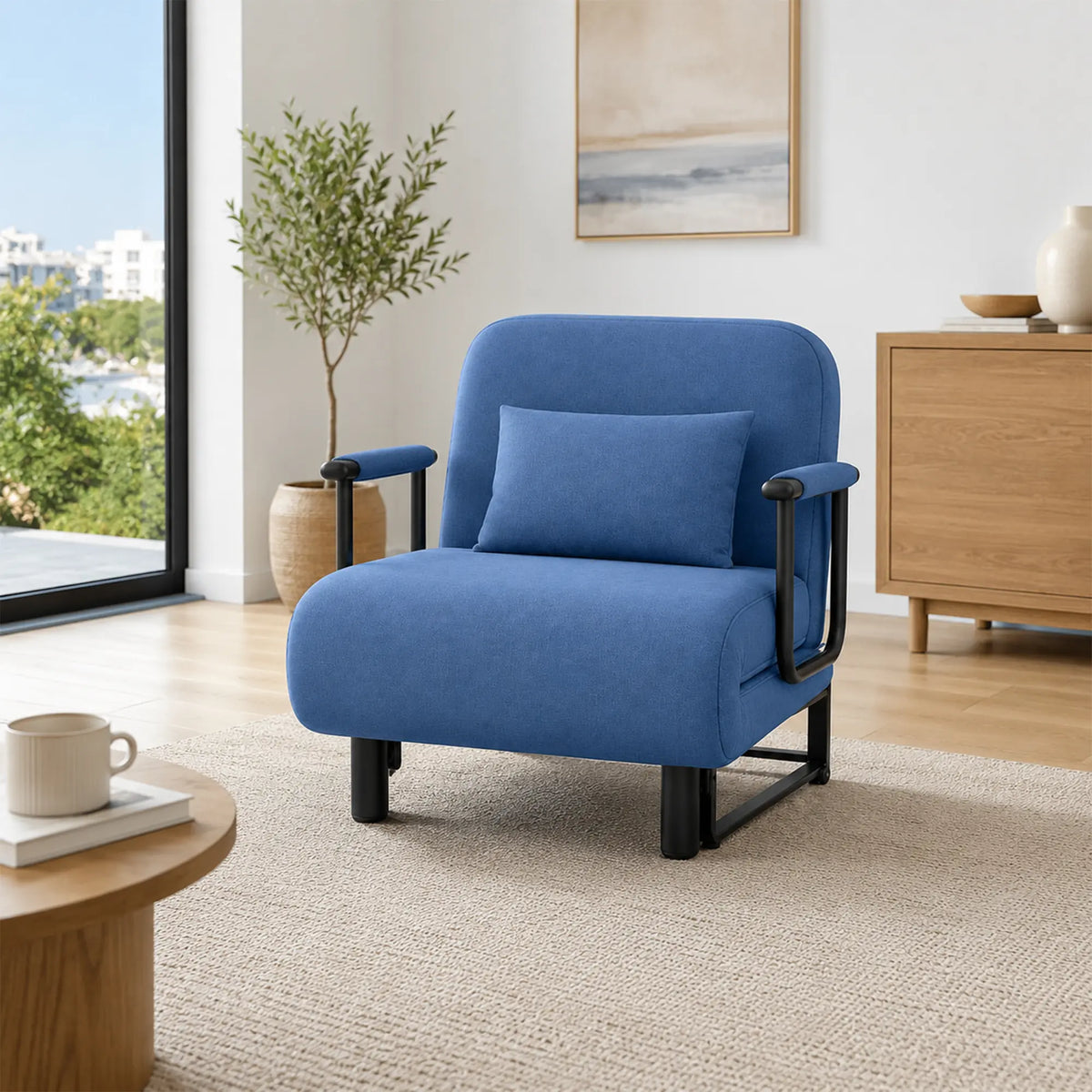 LIVARA Convertible Sofa Bed 5-Position Adjustable Backrest, High-Density Foam & Linen Fabric with Pillow - 65/80cm for Home & Guest Room - Blue