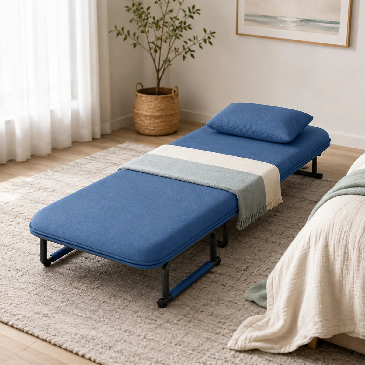 LIVARA Convertible Sofa Bed 5-Position Adjustable Backrest, High-Density Foam & Linen Fabric with Pillow - 65/80cm for Home & Guest Room - Blue