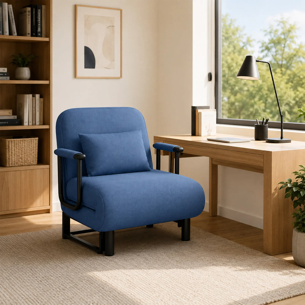 LIVARA Convertible Sofa Bed 5-Position Adjustable Backrest, High-Density Foam & Linen Fabric with Pillow - 65/80cm for Home & Guest Room - Blue
