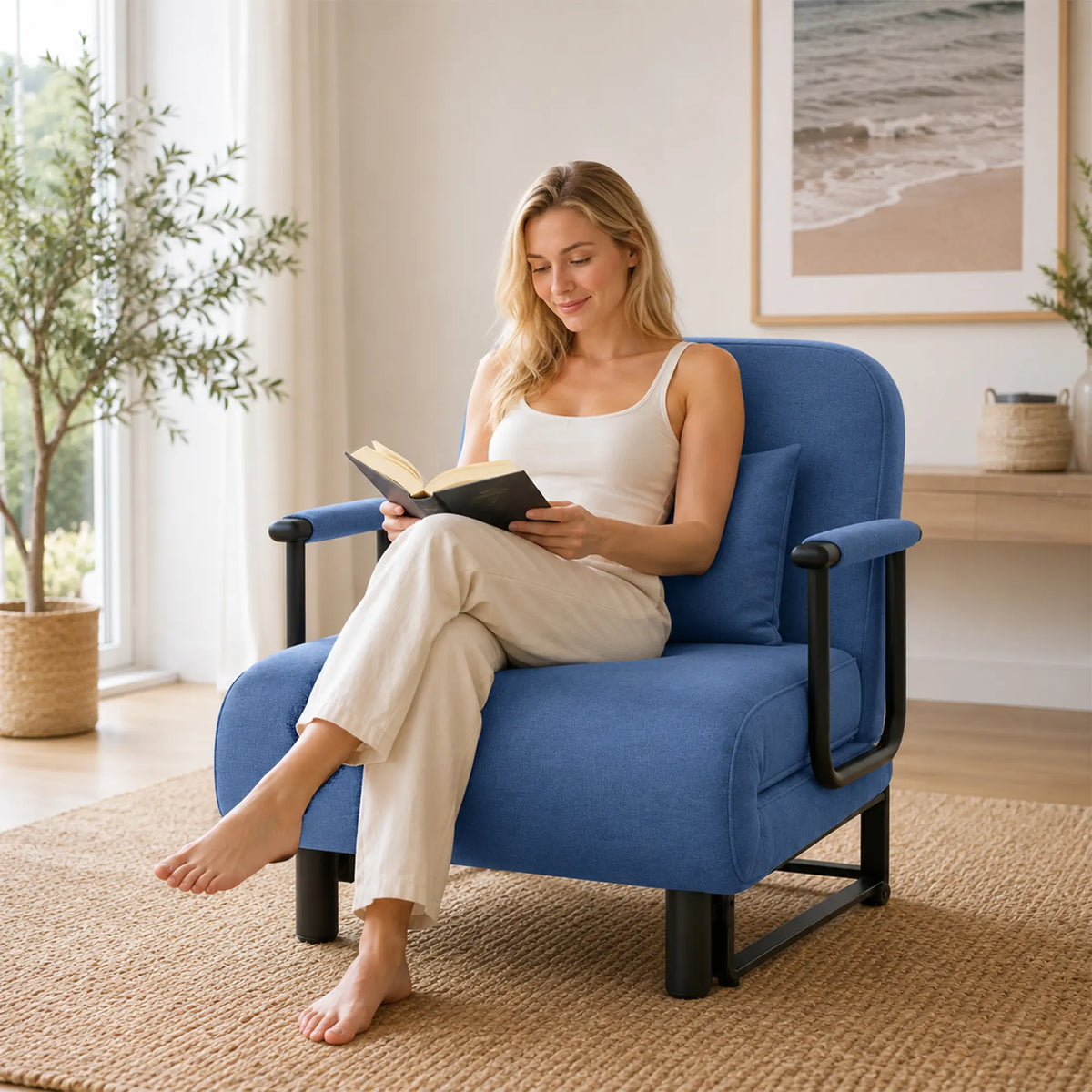 LIVARA Convertible Sofa Bed 5-Position Adjustable Backrest, High-Density Foam & Linen Fabric with Pillow - 65/80cm for Home & Guest Room - Blue