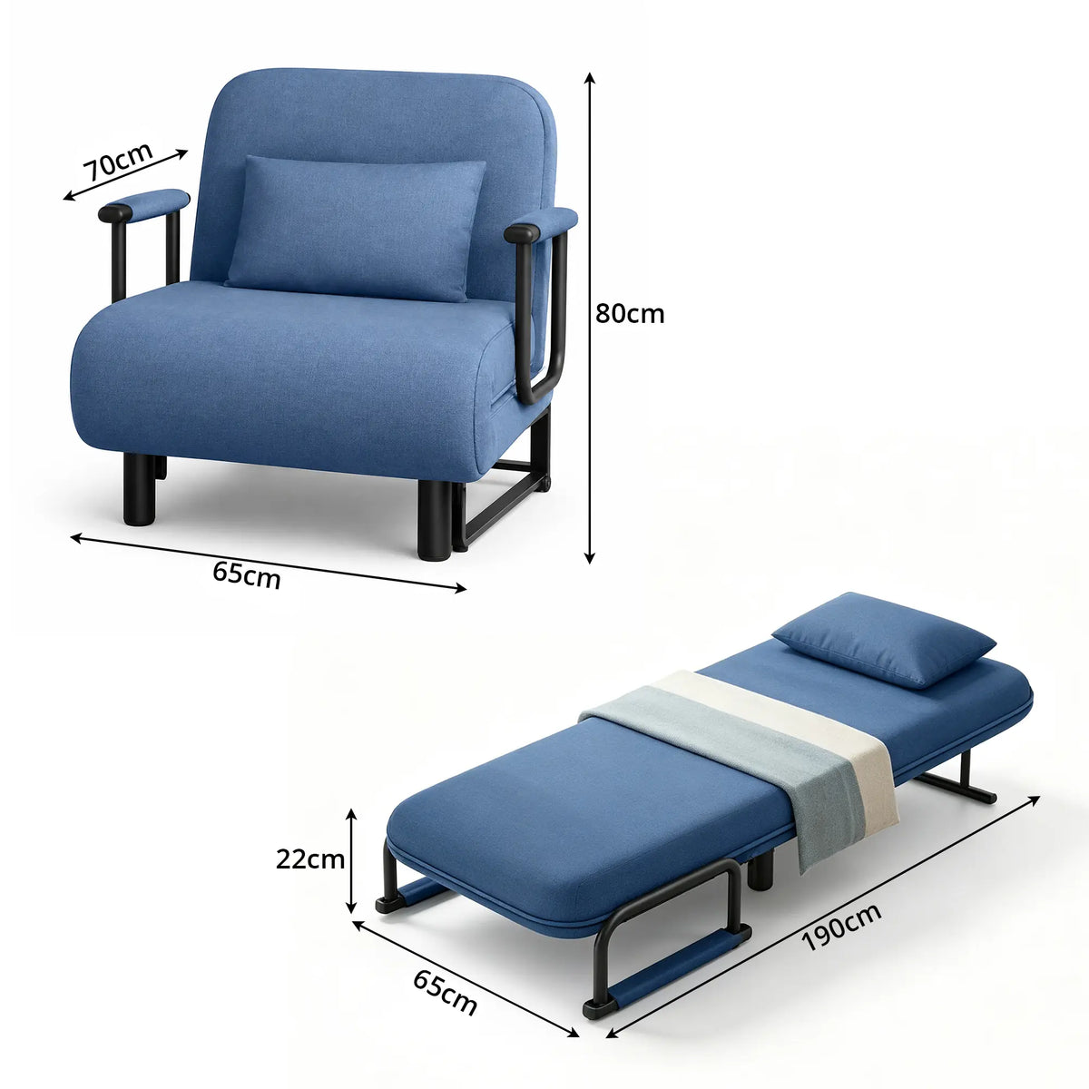 LIVARA Convertible Sofa Bed 5-Position Adjustable Backrest, High-Density Foam & Linen Fabric with Pillow - 65/80cm for Home & Guest Room - Blue