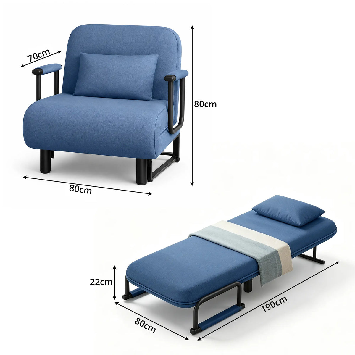 LIVARA Convertible Sofa Bed 5-Position Adjustable Backrest, High-Density Foam & Linen Fabric with Pillow - 65/80cm for Home & Guest Room - Blue