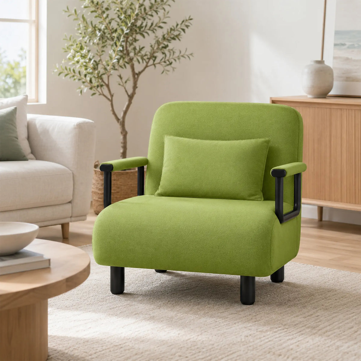 LIVARA Convertible Sofa Bed 5-Position Adjustable Backrest, High-Density Foam & Linen Fabric with Pillow - 65/80cm for Home & Guest Room - Green