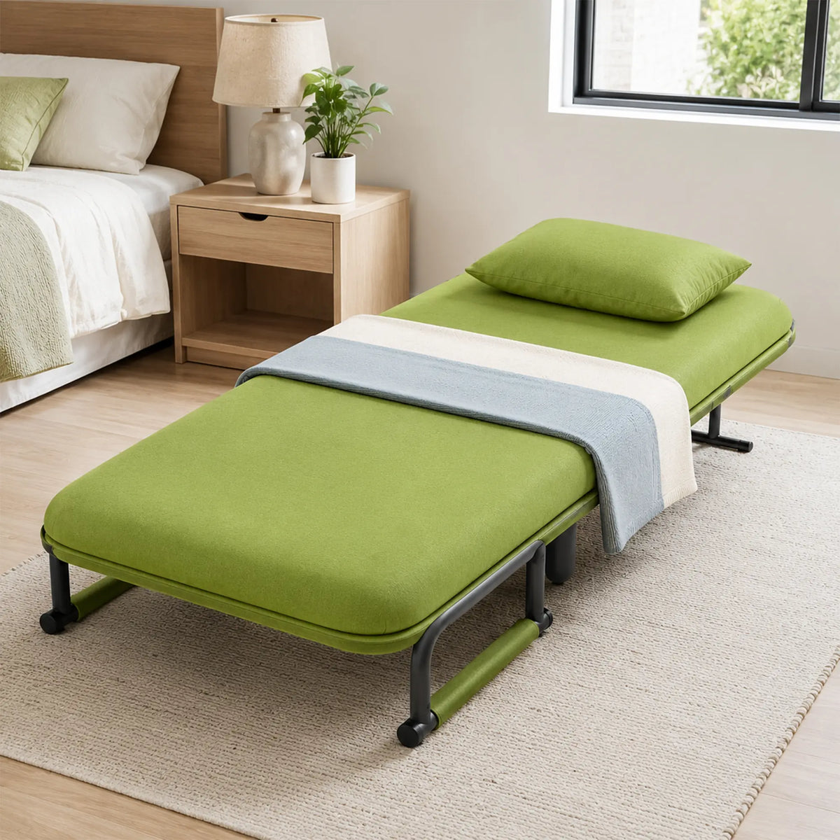 LIVARA Convertible Sofa Bed 5-Position Adjustable Backrest, High-Density Foam & Linen Fabric with Pillow - 65/80cm for Home & Guest Room - Green