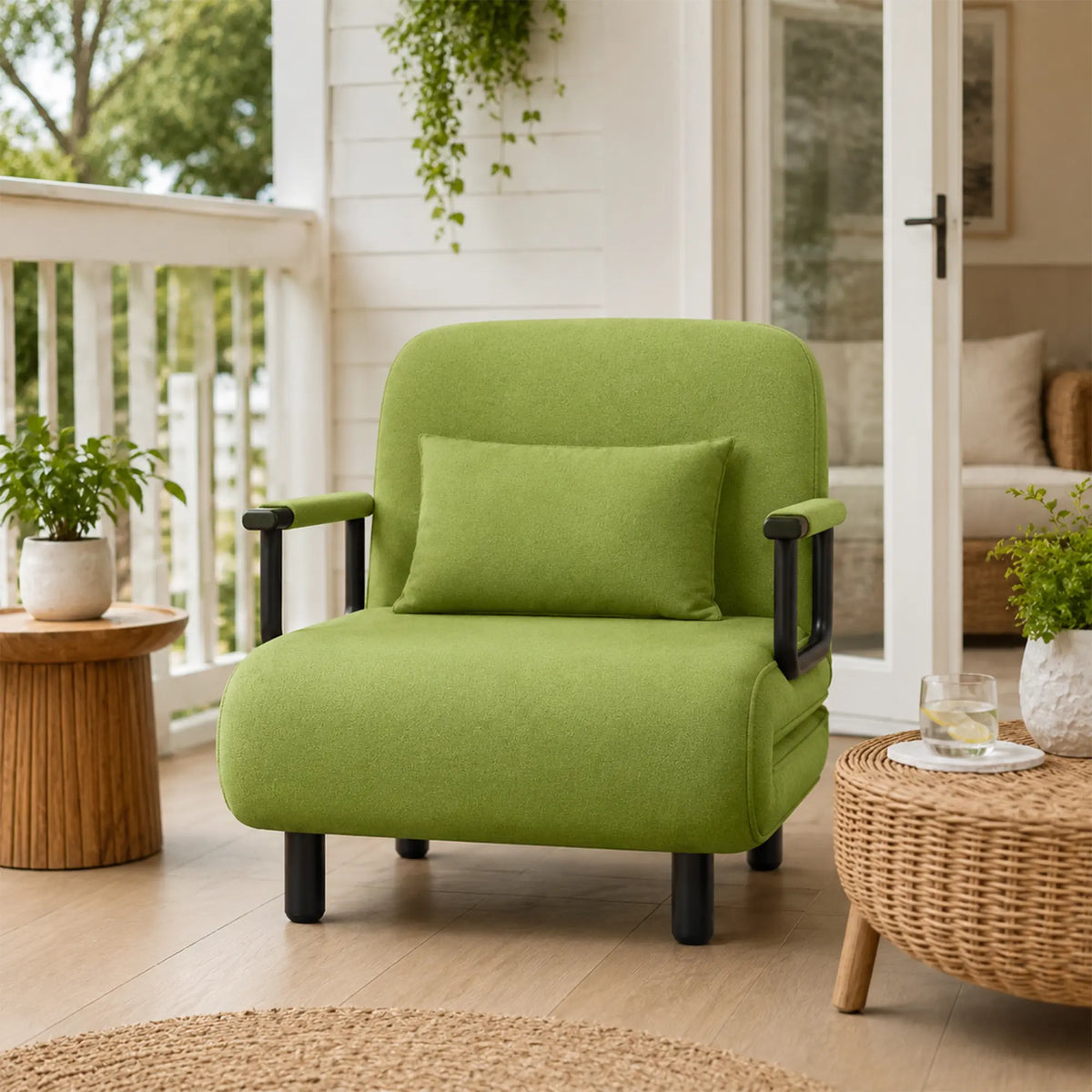 LIVARA Convertible Sofa Bed 5-Position Adjustable Backrest, High-Density Foam & Linen Fabric with Pillow - 65/80cm for Home & Guest Room - Green