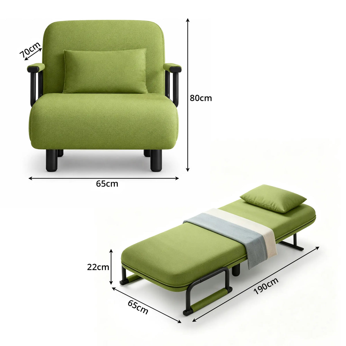LIVARA Convertible Sofa Bed 5-Position Adjustable Backrest, High-Density Foam & Linen Fabric with Pillow - 65/80cm for Home & Guest Room - Green