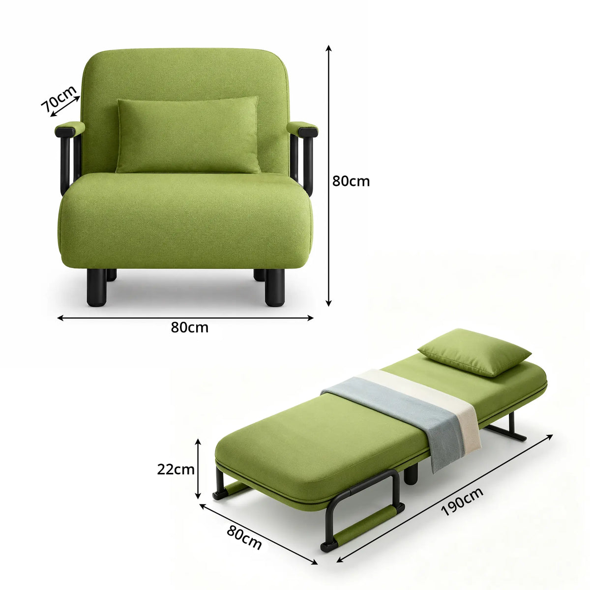 LIVARA Convertible Sofa Bed 5-Position Adjustable Backrest, High-Density Foam & Linen Fabric with Pillow - 65/80cm for Home & Guest Room - Green