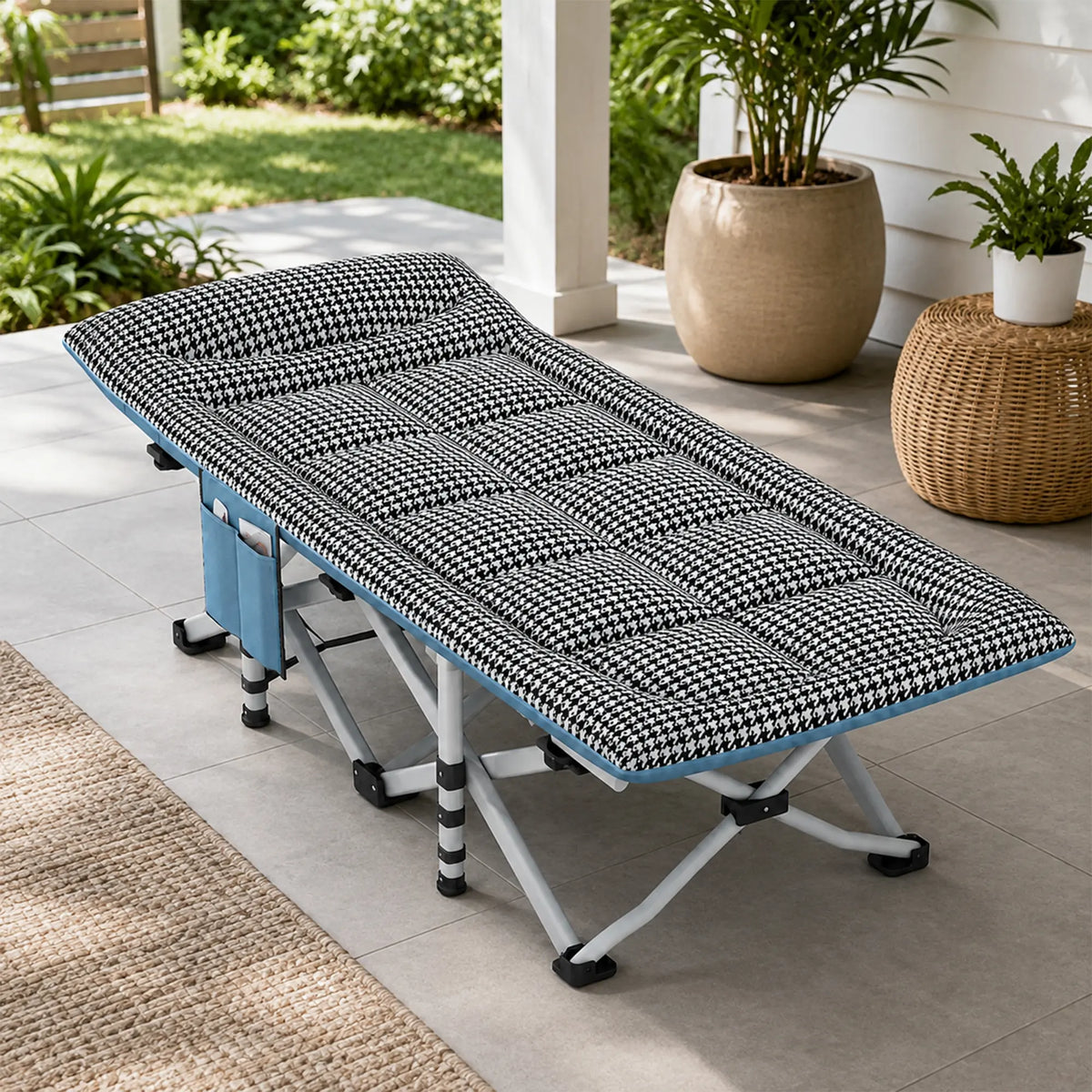 LIVARA Folding Single Bed Extra Wide Houndstooth Design with Thick Steel Tube Frame & Built-in Headrest - Rollaway Bed for Home & Office - Black & White