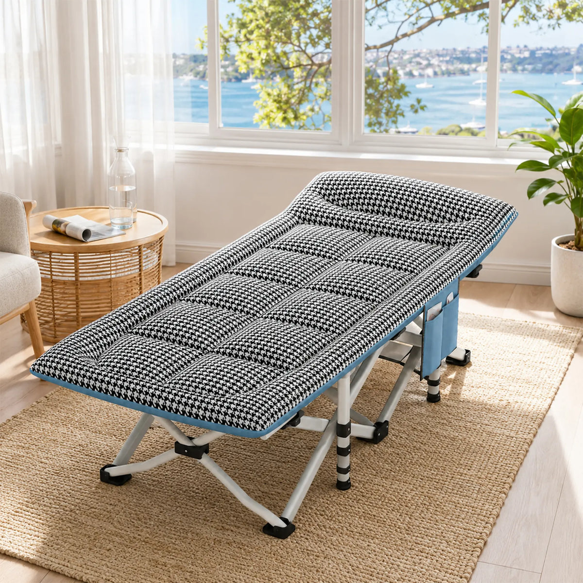 LIVARA Folding Single Bed Extra Wide Houndstooth Design with Thick Steel Tube Frame & Built-in Headrest - Rollaway Bed for Home & Office - Black & White