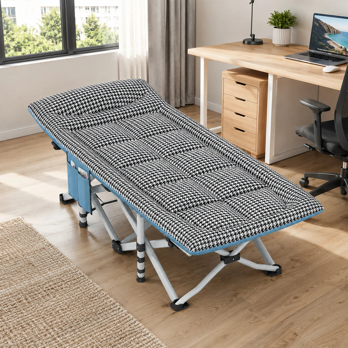 LIVARA Folding Single Bed Extra Wide Houndstooth Design with Thick Steel Tube Frame & Built-in Headrest - Rollaway Bed for Home & Office - Black & White
