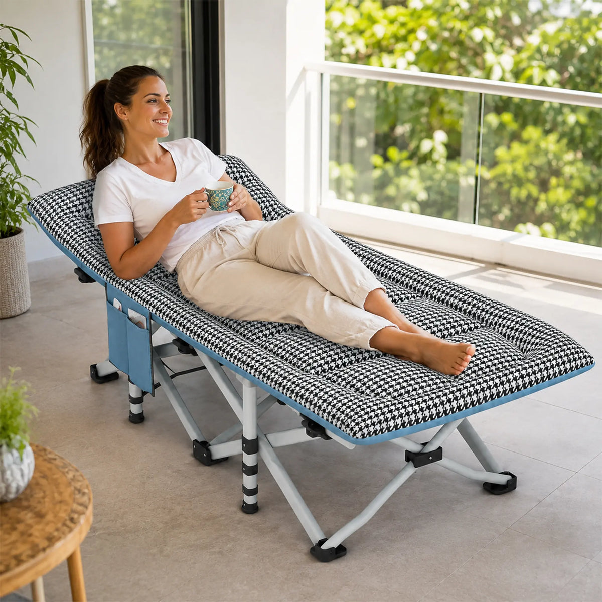 LIVARA Folding Single Bed Extra Wide Houndstooth Design with Thick Steel Tube Frame & Built-in Headrest - Rollaway Bed for Home & Office - Black & White